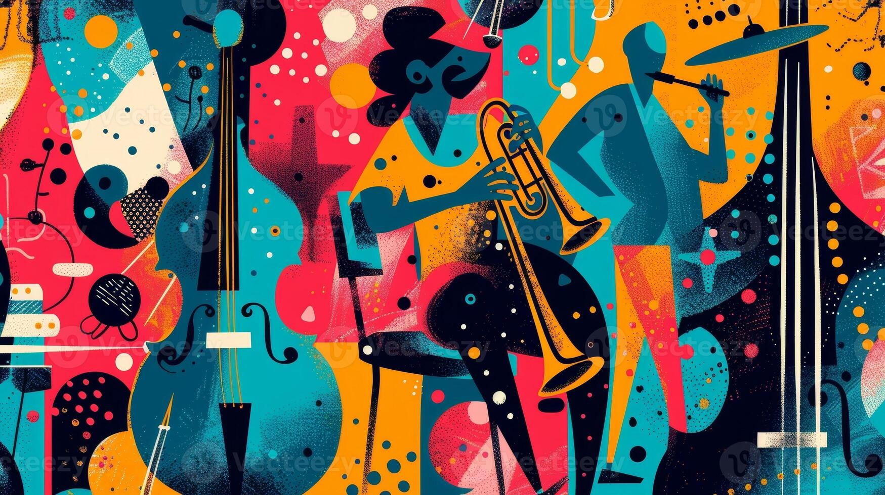 A whimsical and artistic poster for a jazz night showcasing handdrawn illustrations and bold graphics that capture the essence of improvisation and creativity in jazz photo