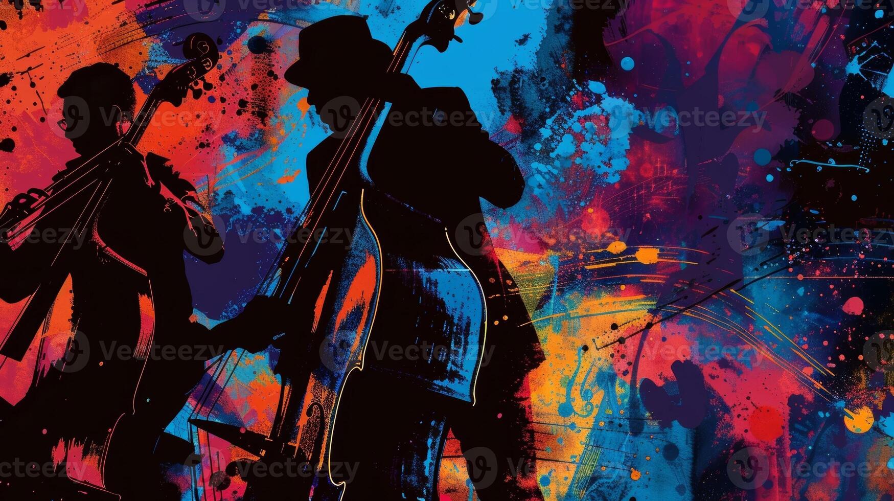 A poster that showcases the key elements of jazz rhythm melody and spontaneity through bold graphics and a lively color scheme inviting guests to join in the fun at the upcoming jaz photo