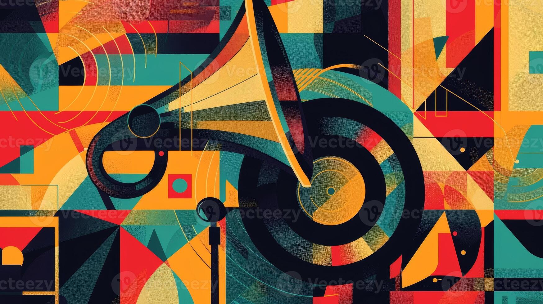 A retro poster for a jazz night displaying an iconic record player jazz instruments and colorful geometric patterns that transport viewers back to the heydays of jazz music photo