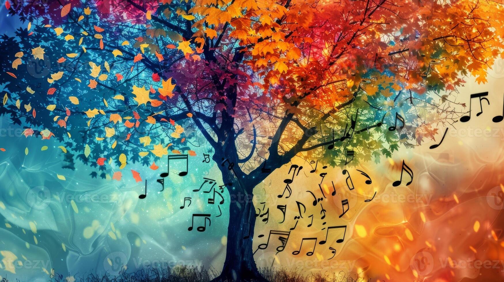 A tree with multicolored leaves each one a different genre of music blending together to create a beautiful harmony photo