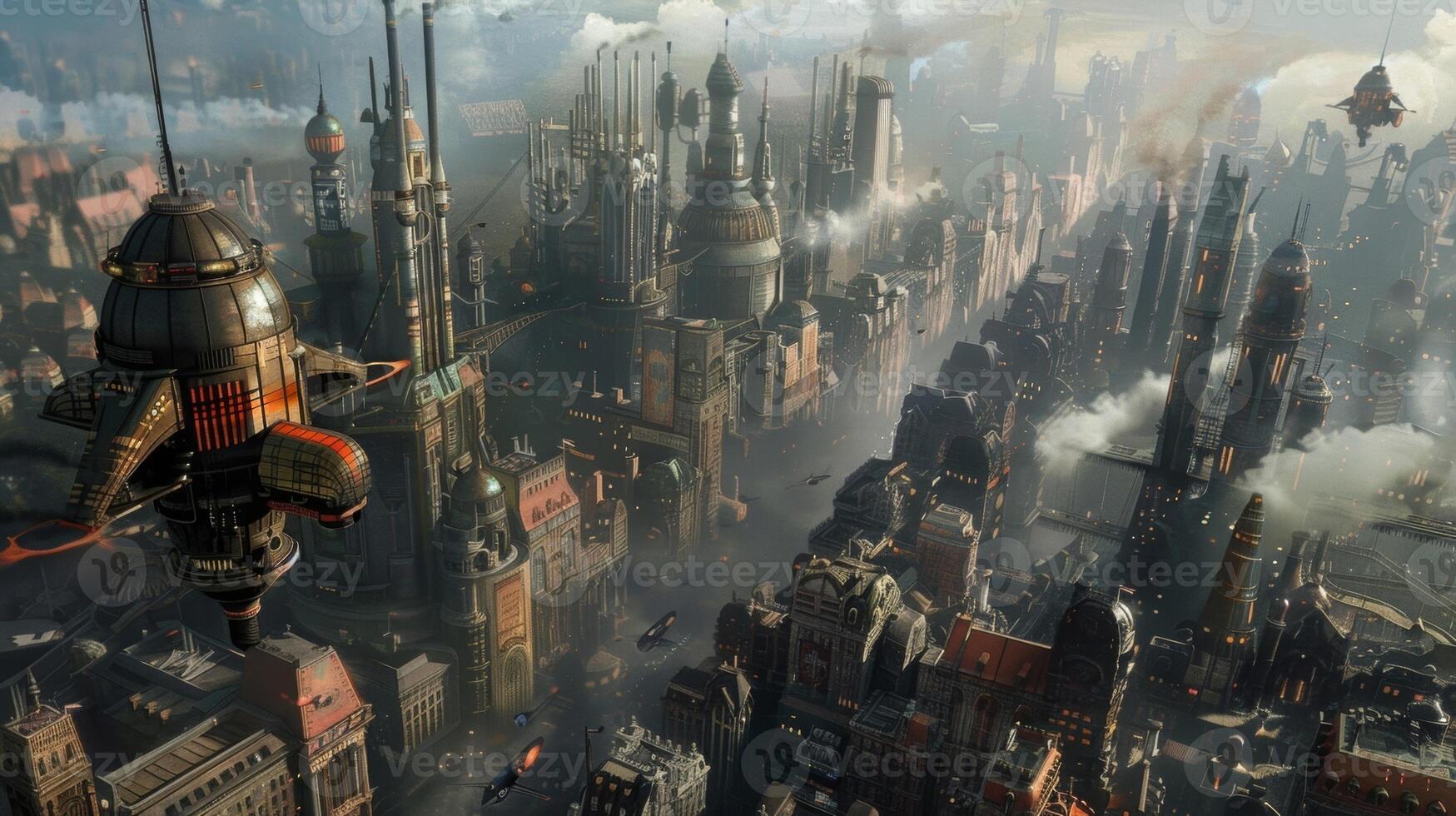A steampunk metropolis with towering buildings and airships taking inspiration from the mechanical clockwork elements found in vinyl records featuring progressive rock bands photo