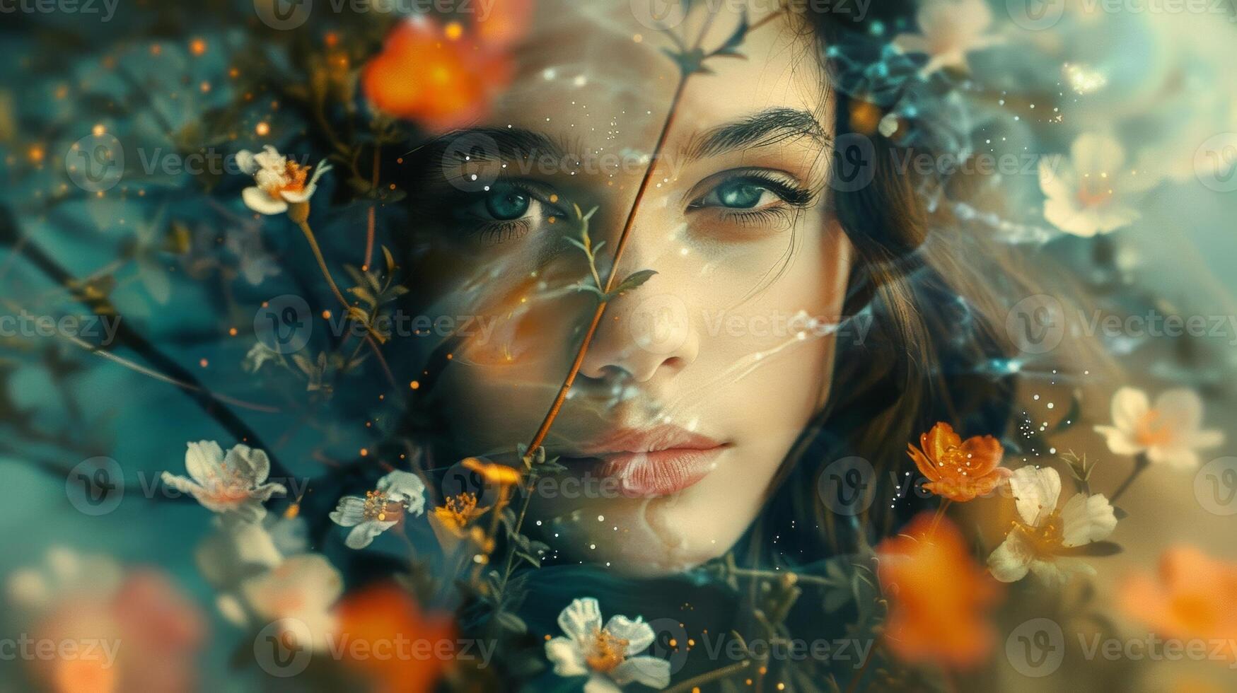An ethereal and otherworldly vinyl record cover featuring a hauntingly beautiful portrait of a woman surrounded by flowers and stars photo