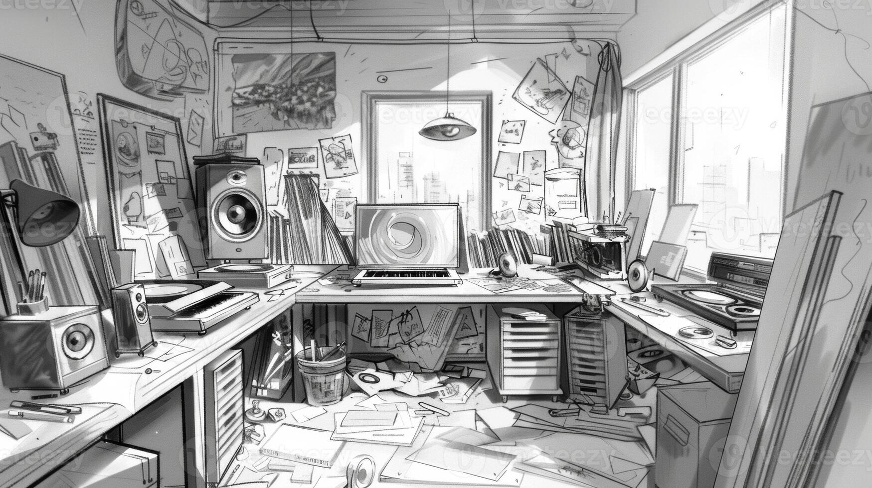 A sketch of an artists studio littered with sketches paintings and vinyl records a bustling hub of creativity and inspiration photo