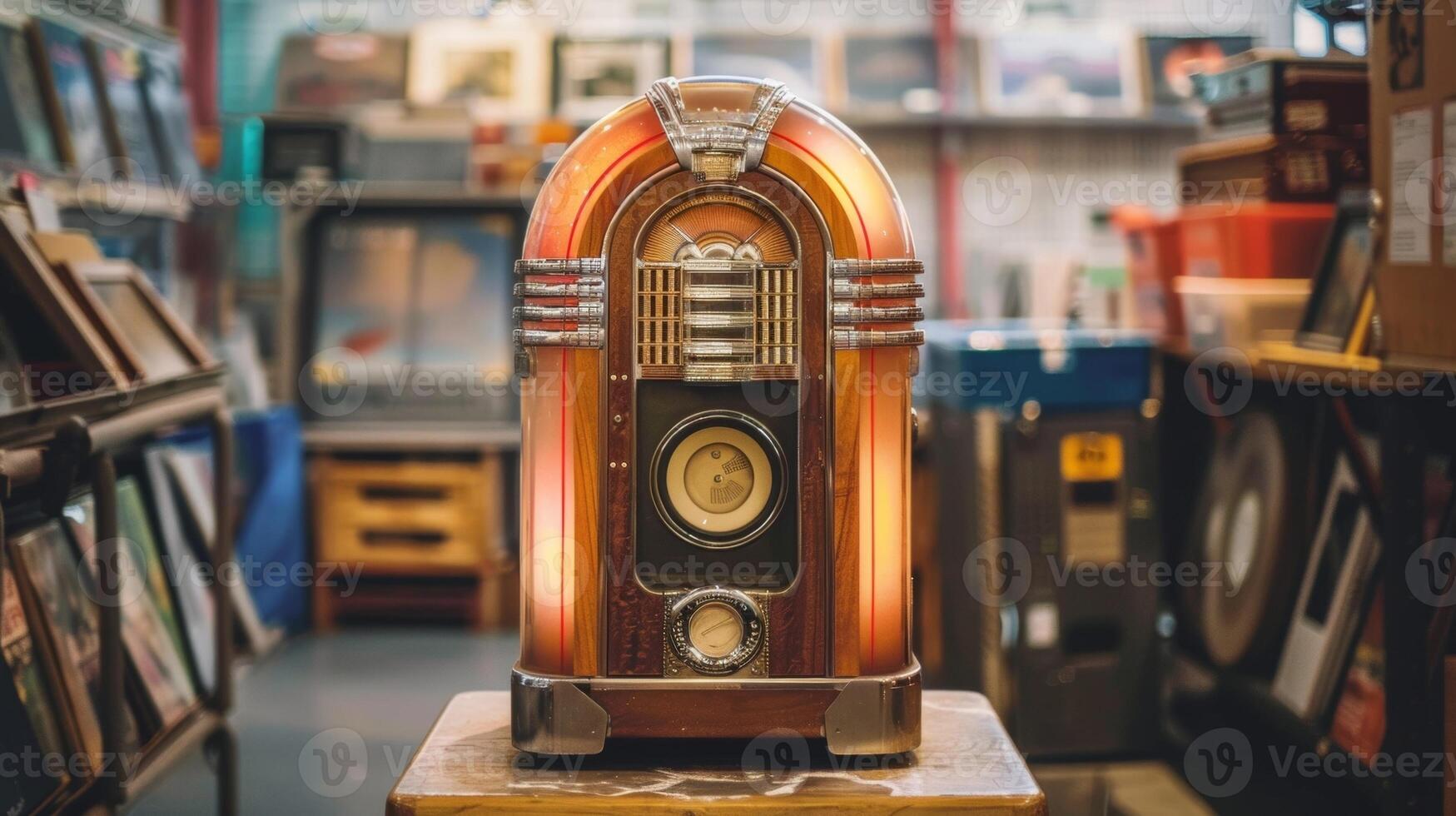 A vintage jukebox stands alone in a dusty record store its records containing mysterious messages that hint at unknown stories waiting to be told photo