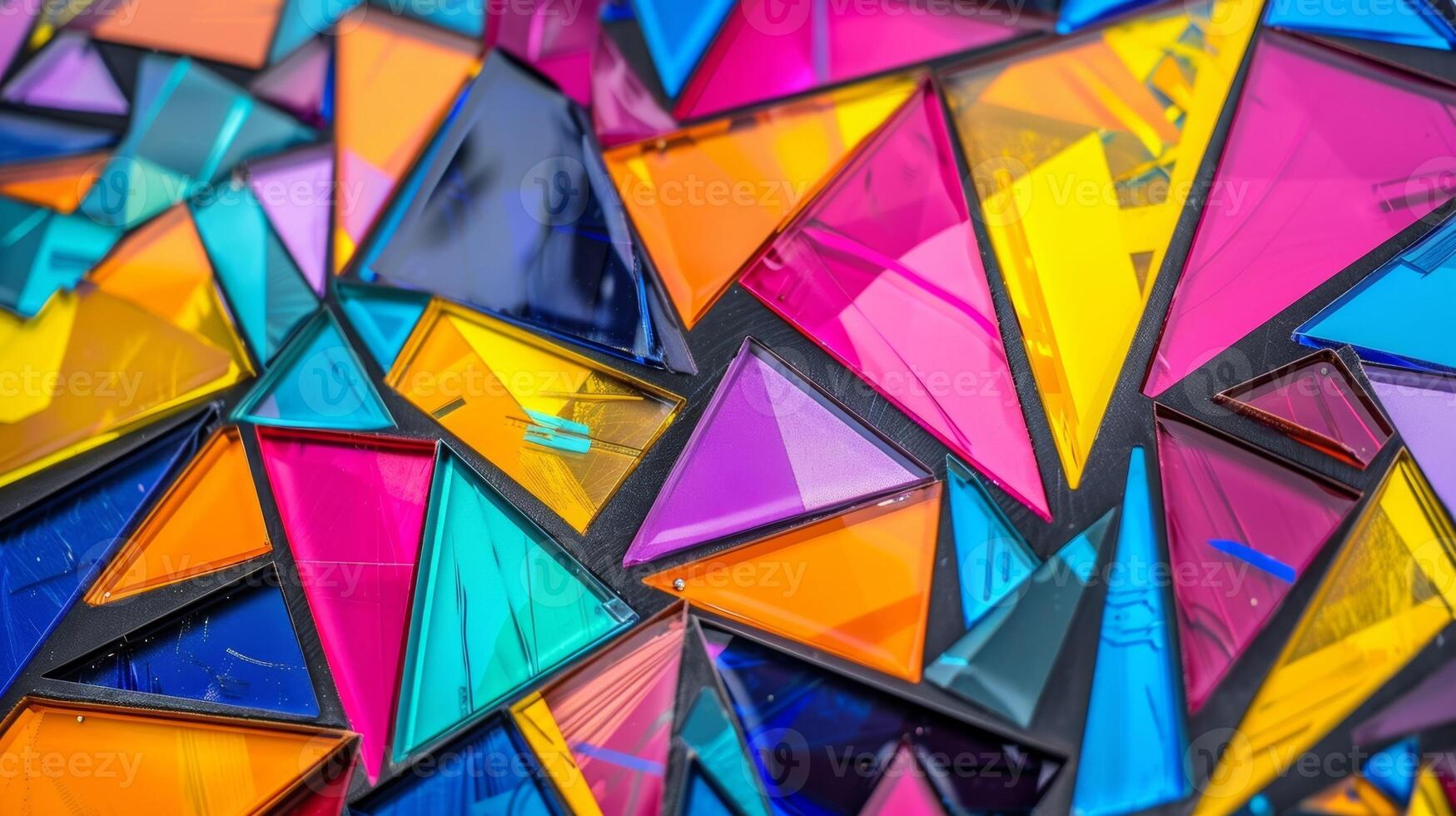A vibrant and geometric wall hanging made from pieces of colorful vinyl record shards showcasing a modern and eyecatching design photo