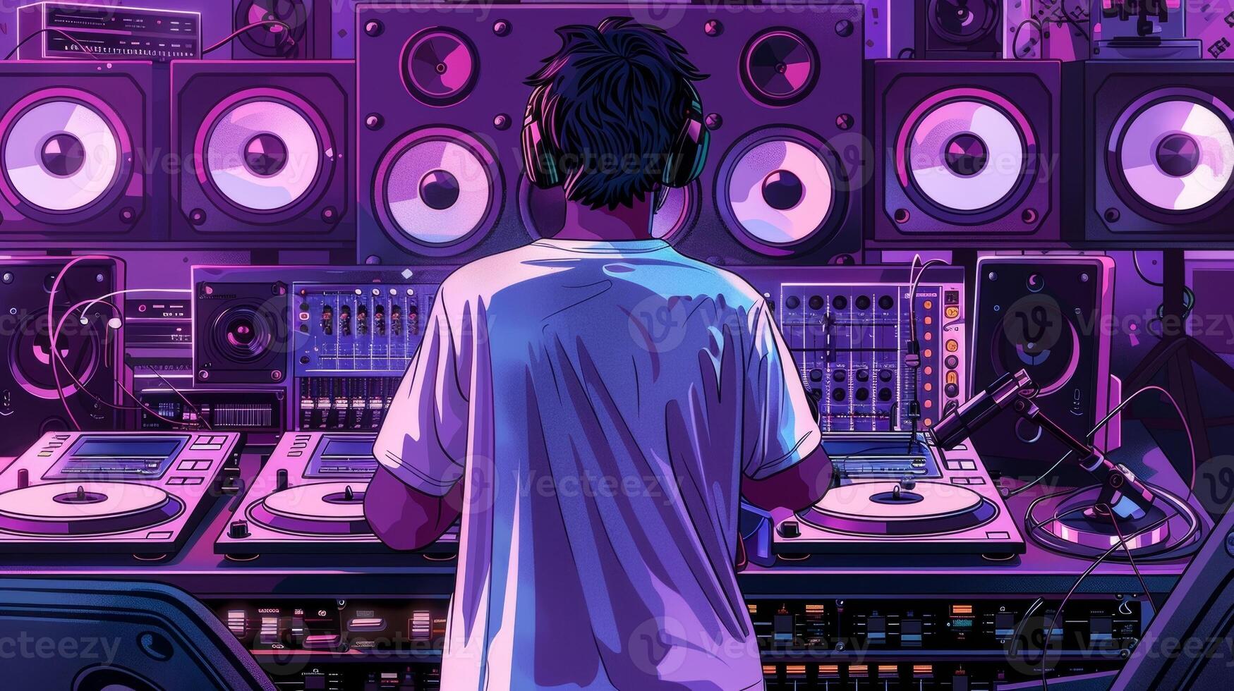 A stylized illustration of a sound engineer in front of a turntable and various audio equipment suggesting the expertise and knowledge needed to achieve optimal sound quality from vinyl photo