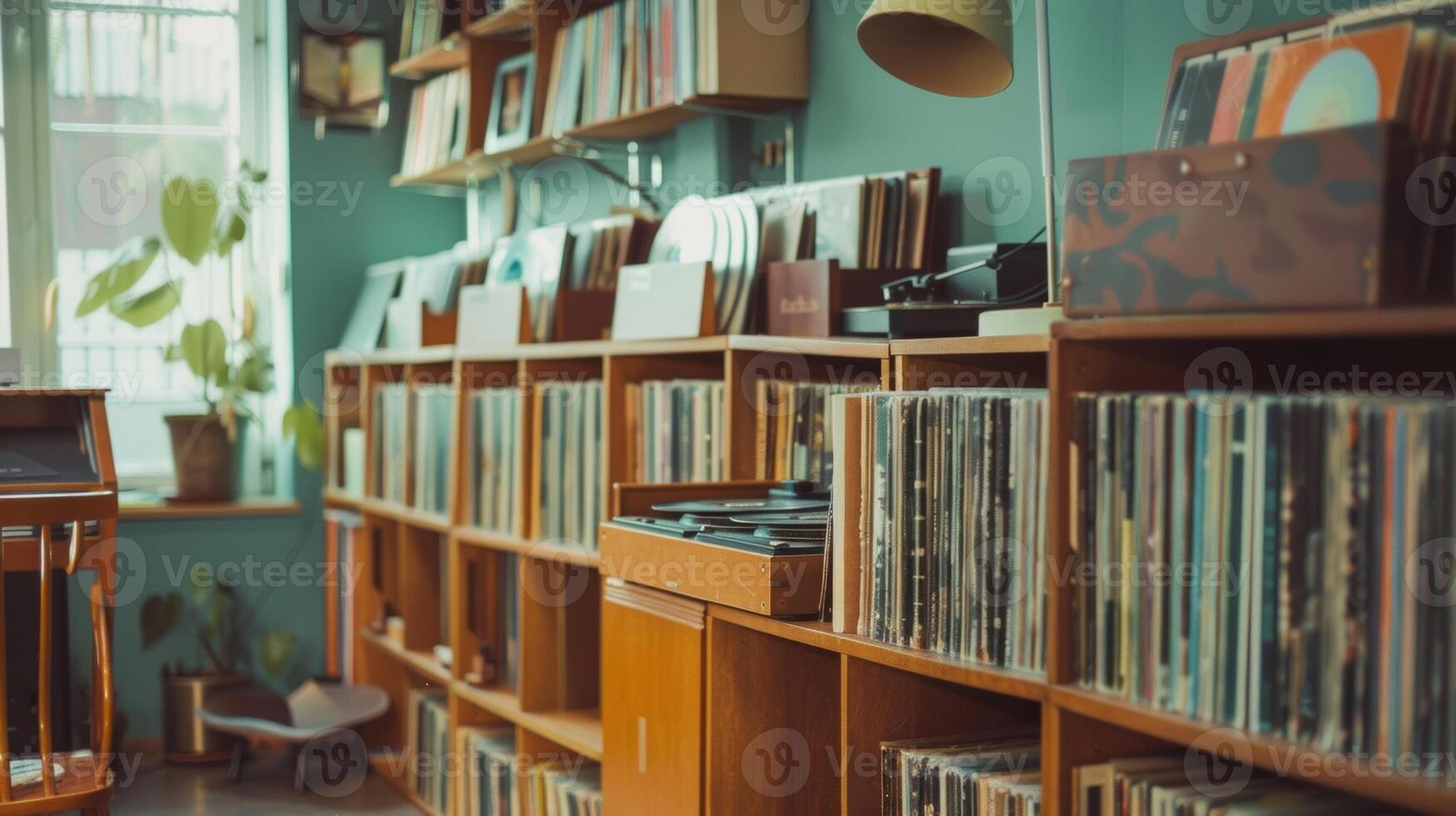 A relaxed cafe with a record wall inviting customers to sit back browse and select from a diverse collection of records photo