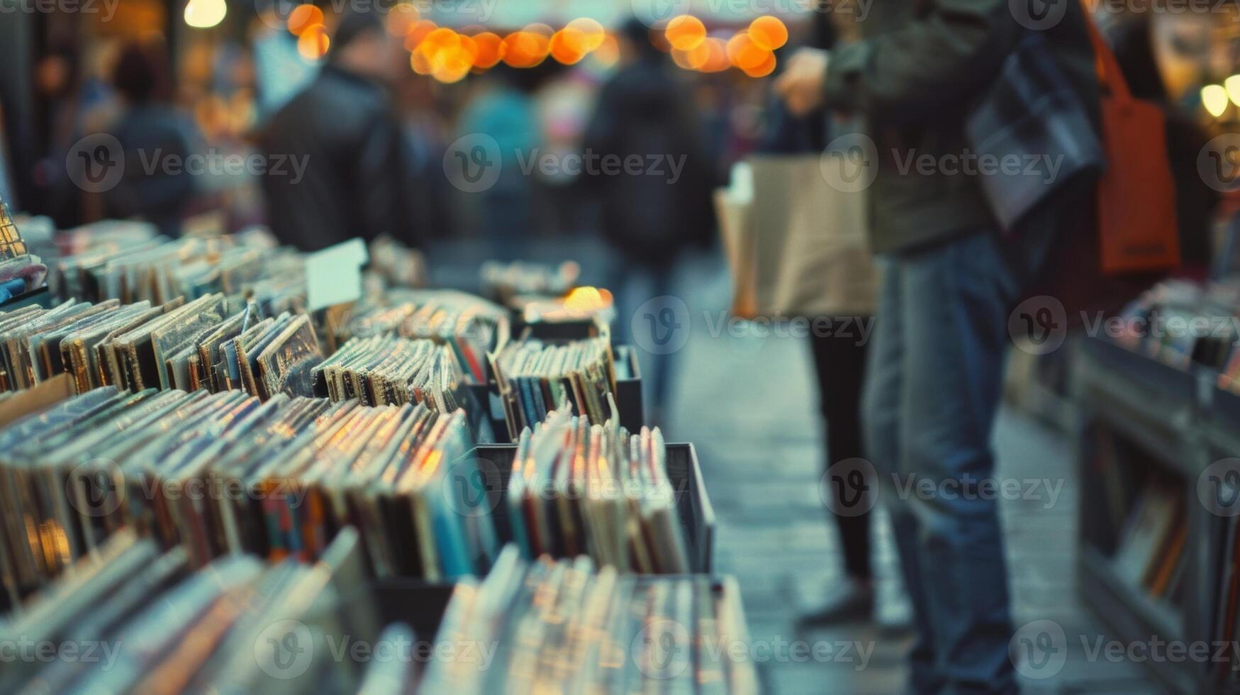 A small vintage shop with a record section tucked in the back and customers browsing through crates of vinyl photo