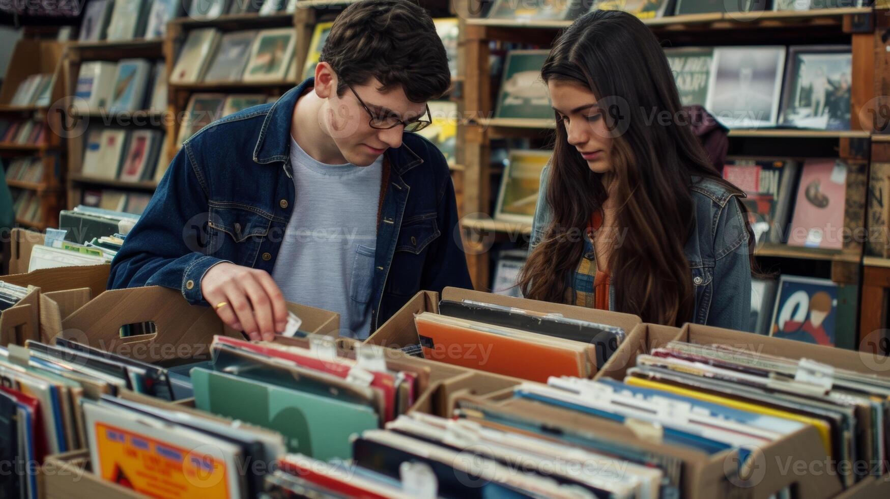 A young couple enters eagerly flipping through crates of records occasionally pausing to show each other their finds photo