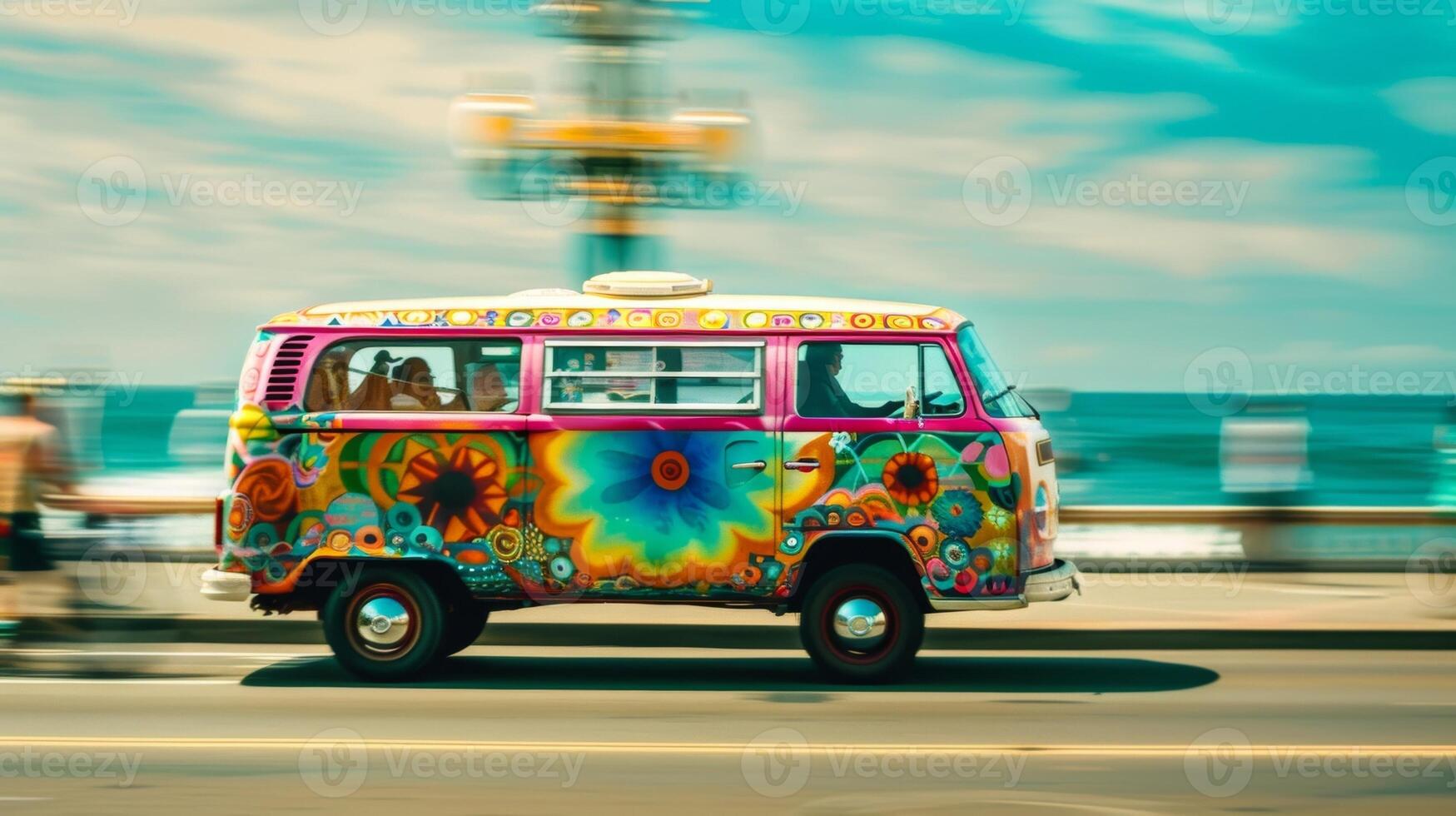 A colorful mobile vinyl van driving through the coastal streets playing uplifting vinyl tracks and spreading good vibes to beachgoers and locals alike photo