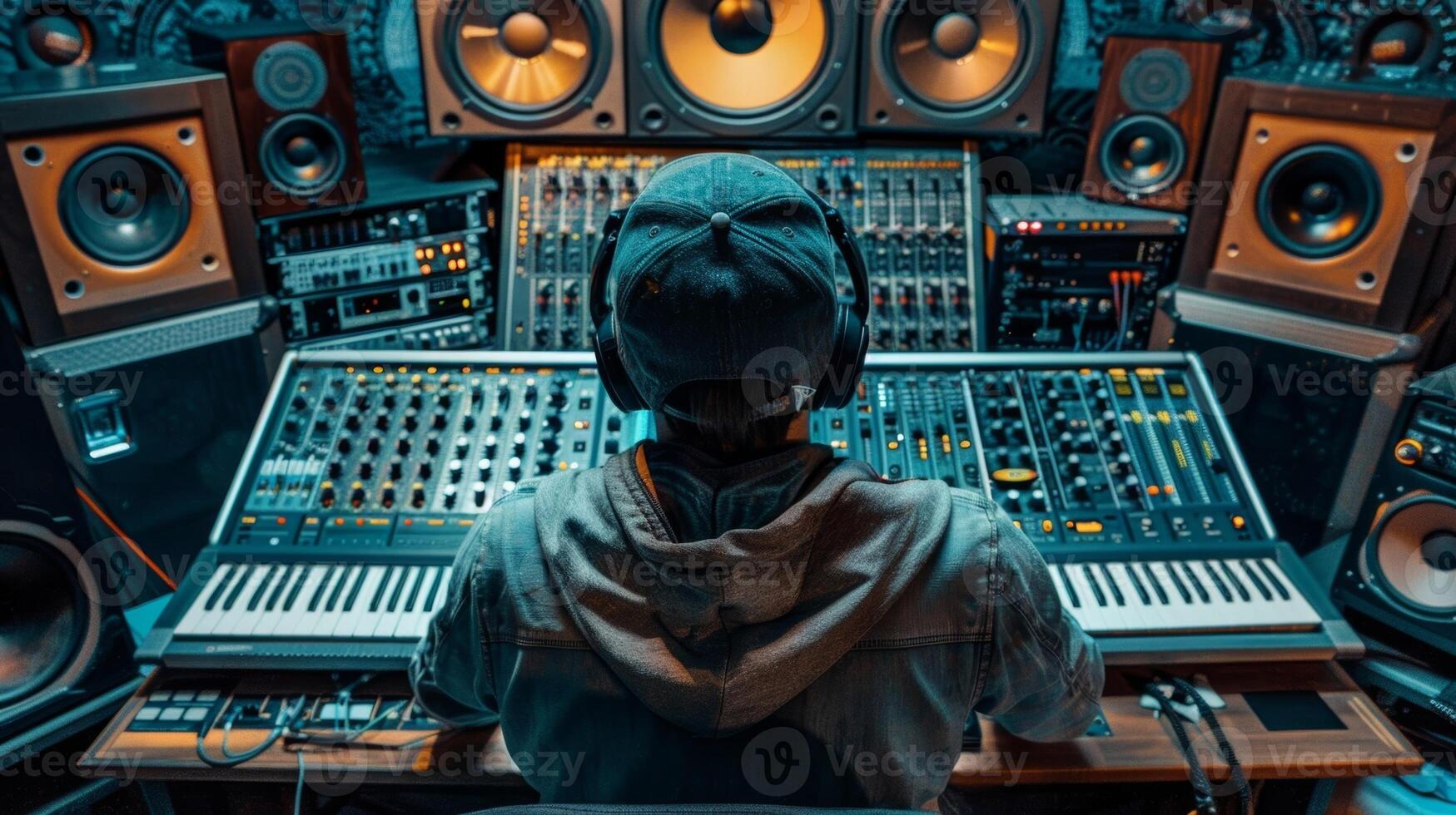 A sound engineer surrounded by audio equipment emphasizing the intricate and technical nature of producing and mastering music for vinyl photo