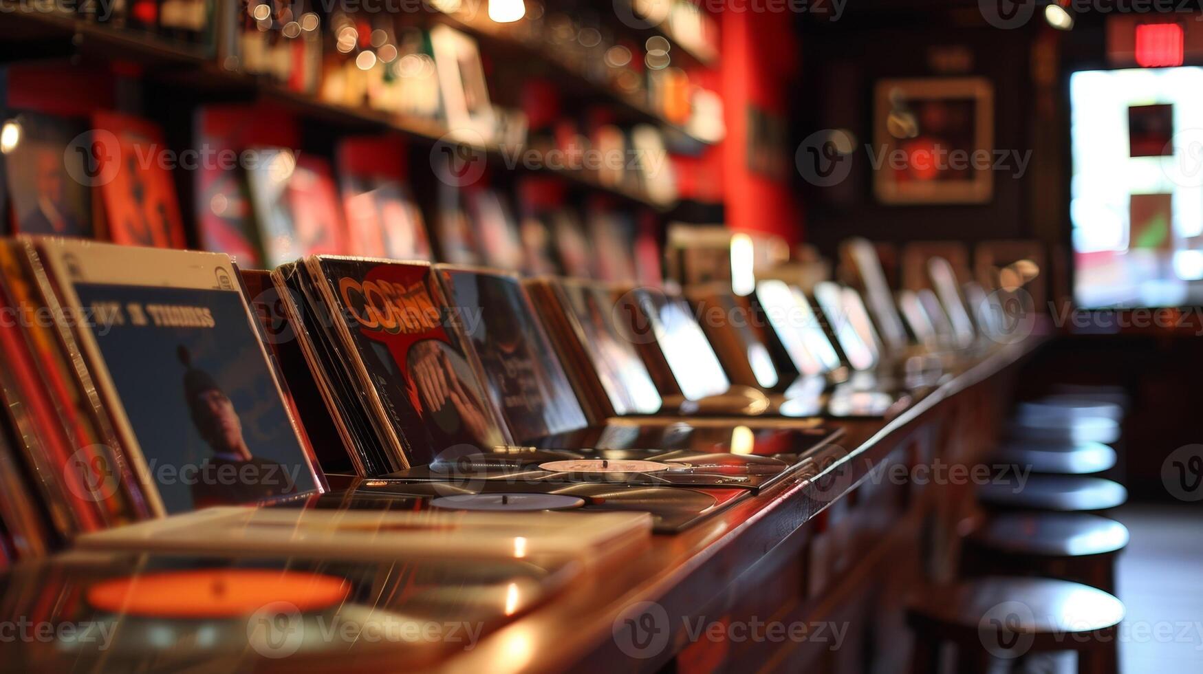 A row of vinyl records lines the bar giving customers a glimpse of the impressive collection available photo