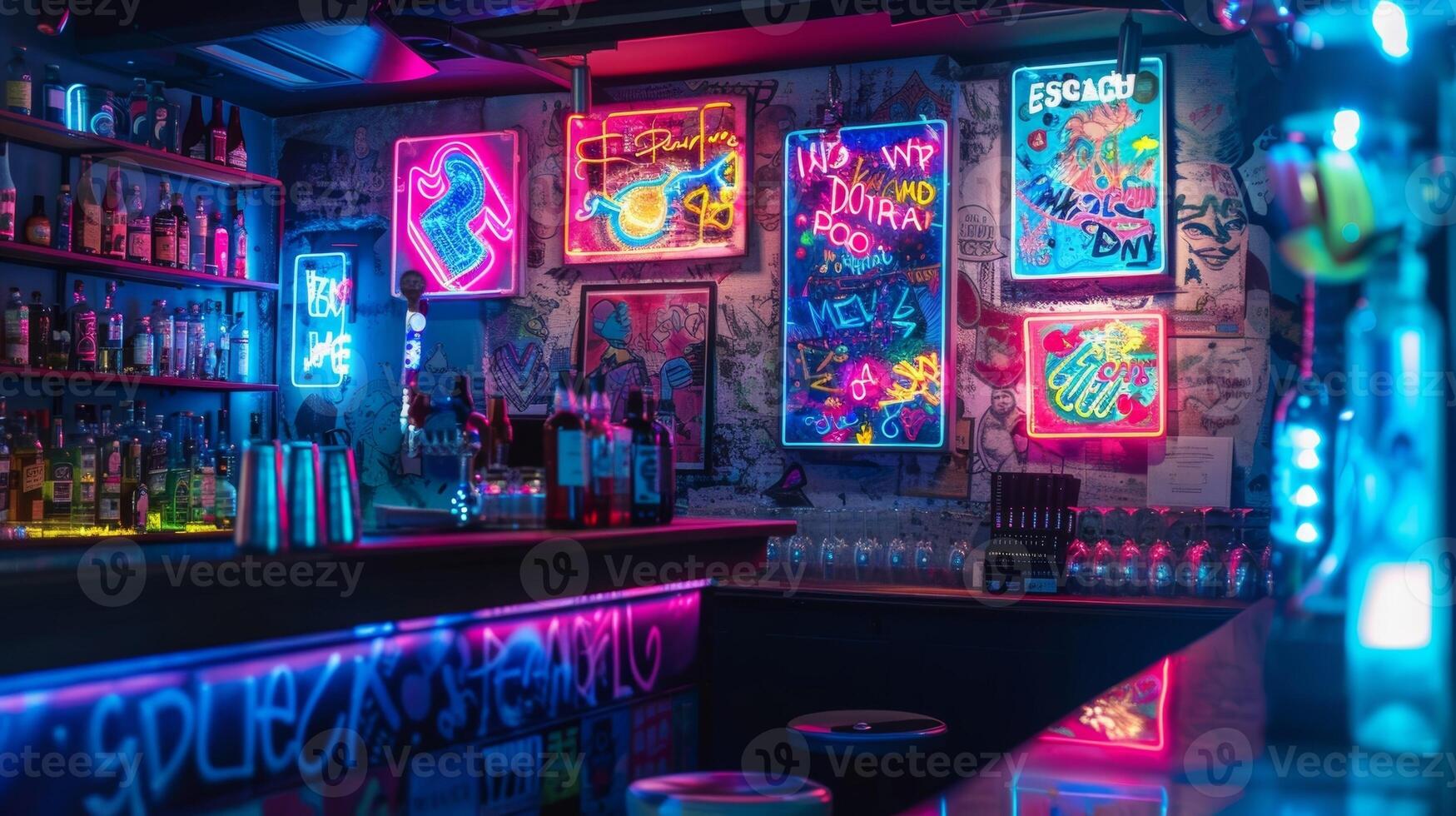 Every corner of the bar is adorned with neon signs and colorful posters featuring abstract artwork photo