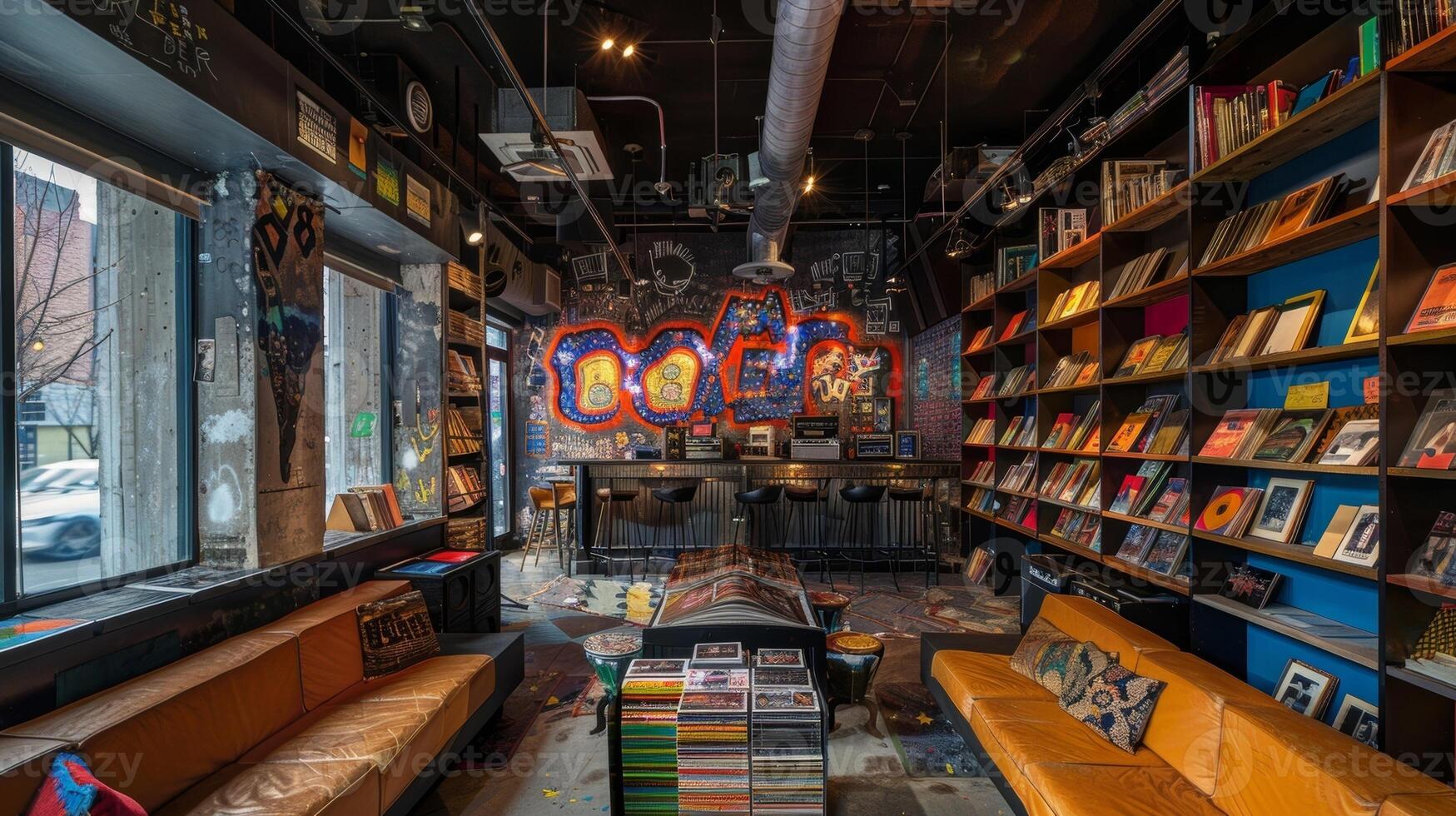 A cozy seating area next to the stage is perfect for intimate performances surrounded by shelves of vinyl records for guests to browse through photo