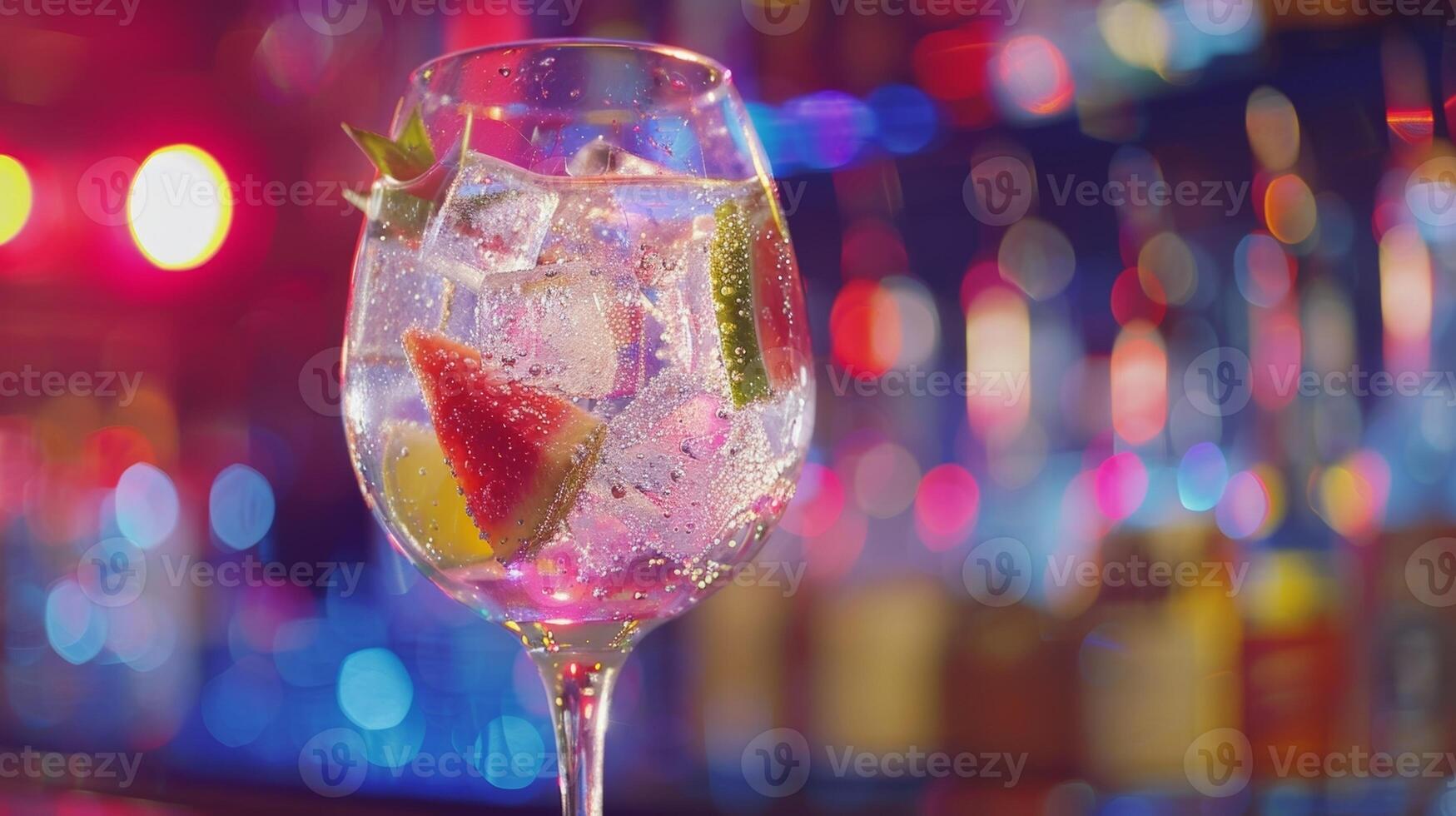 A refreshing gin and tonic with a funky twist inspired by the energetic sounds of 70s disco being poured at the glittery bar counter photo