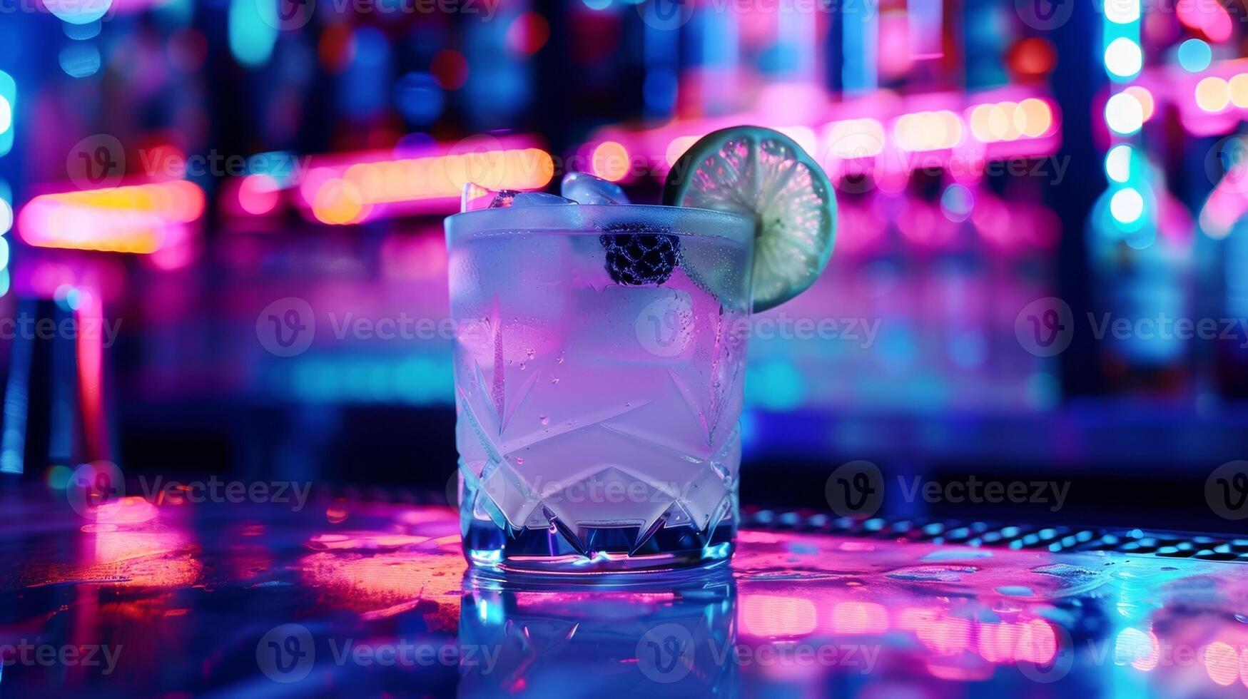 A crisp and refreshing gin cocktail named after a popular song from the electronic music genre being sipped at a futuristic bar with LED lights and futuristic decor photo