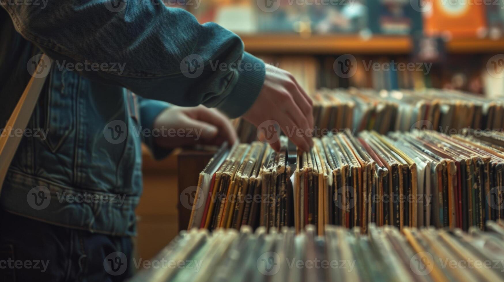 A the and client browsing through a collection of vinyl records discussing potential songs to incorporate into future sessions photo