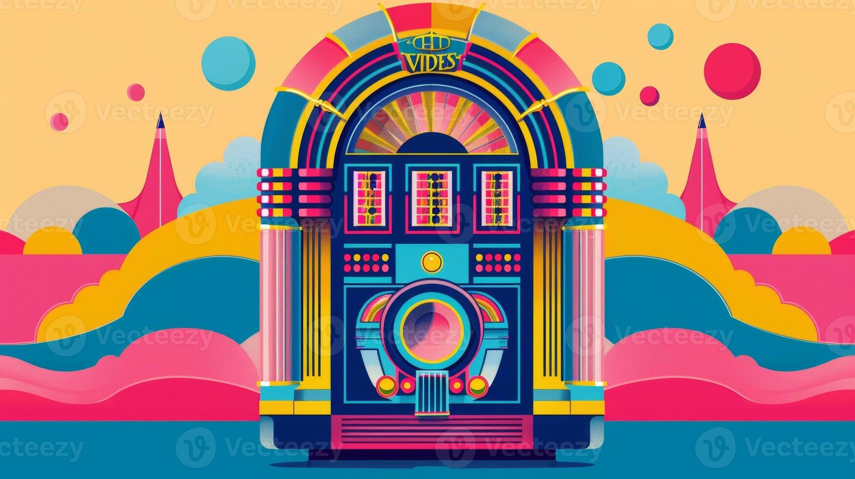 A colorful poster featuring a playful graphic of a jukebox and the phrase Good Vibes Only promotes a night of retro tunes and cold drinks at the local music bar photo