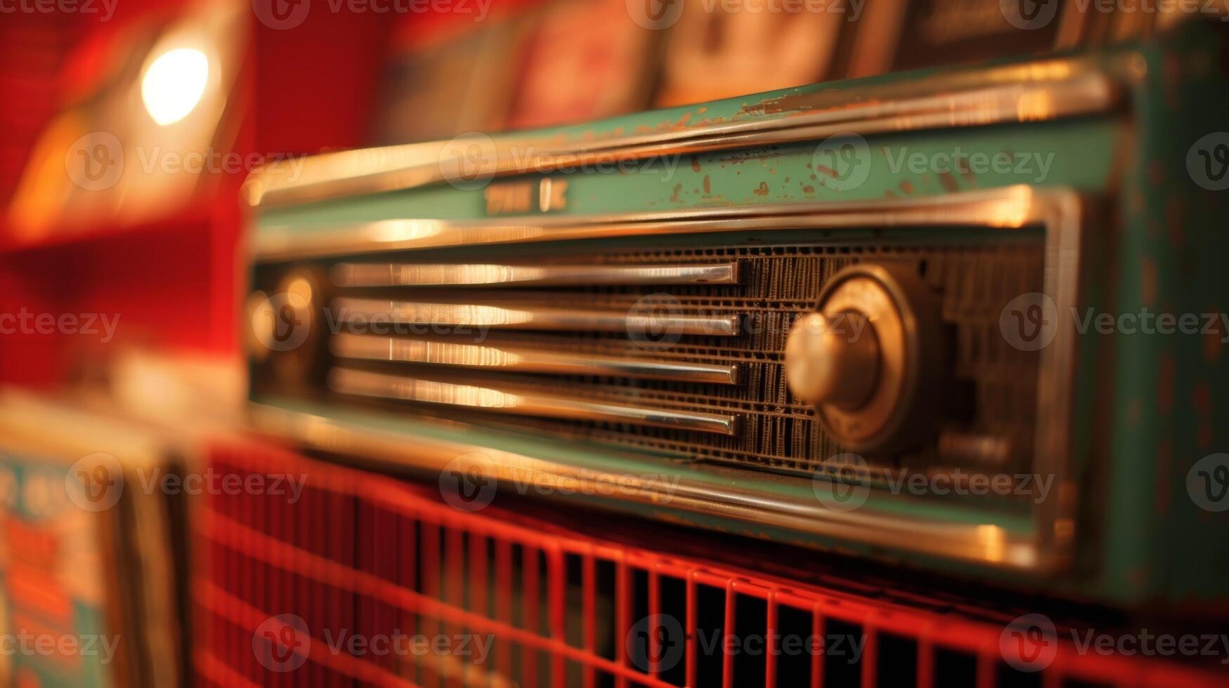 A vintage radio sits atop a vibrant red background with the words Tune in to the sounds of the past at our vinyl record sho photo