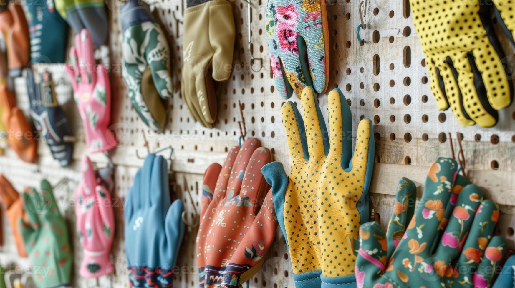 An array of gardening gloves in varying sizes and patterns hung on a wooden pegboard photo