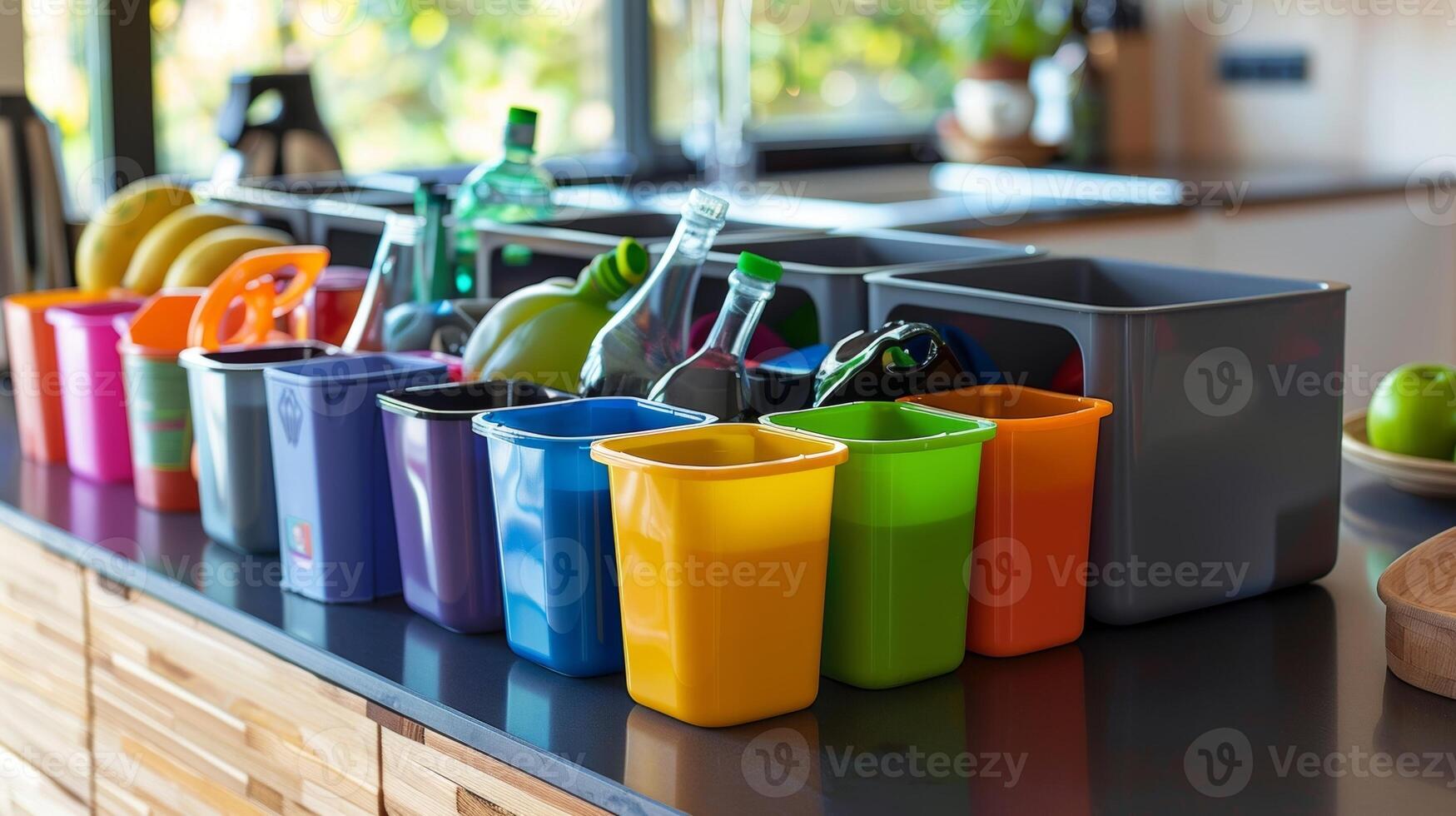 A recycling bin with a hinged lid and multiple compartments for different types of recycling photo