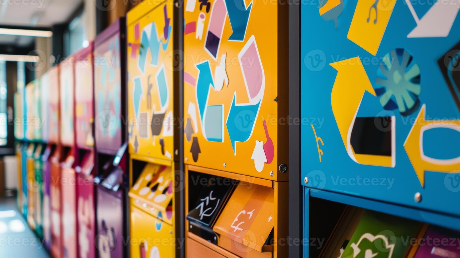 Bins with colorful graphics displaying what materials can be recycled including paper plastic and metal photo