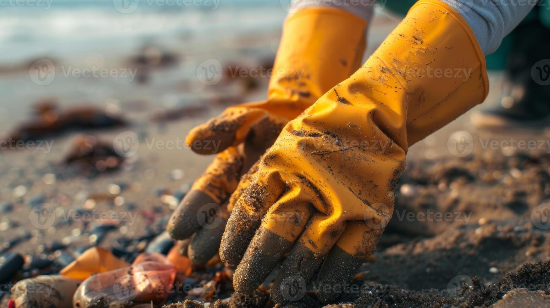 A pair of durable gloves with rubber grips for picking up trash on the beach photo