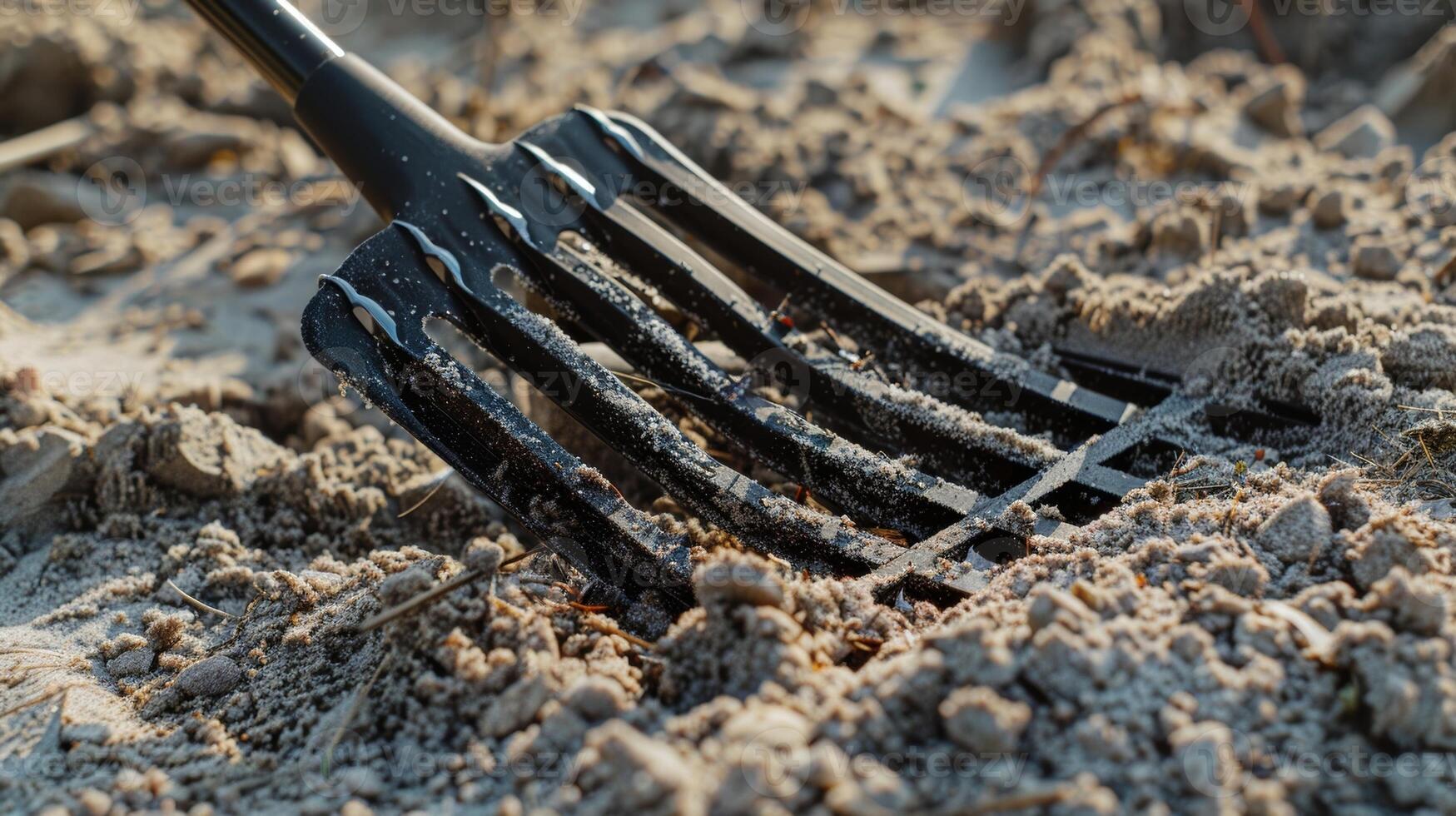 A collapsible rake with wide teeth for sifting through sand and debris photo