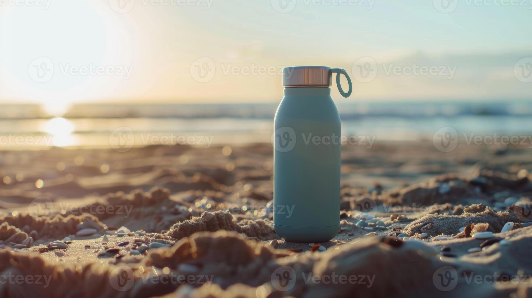 A reusable water bottle made from recycled materials for staying hydrated while cleaning the beach photo