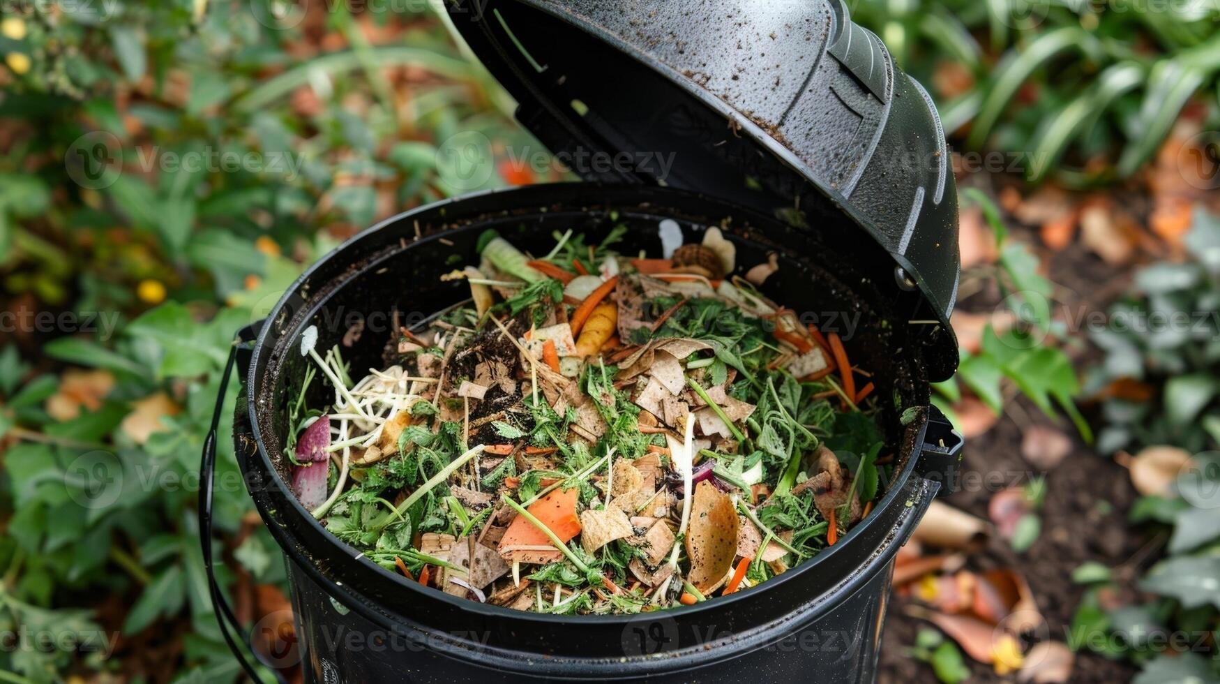 A compost bin with an open lid revealing a mixture of vegetable scraps shredded paper and leaves inside photo
