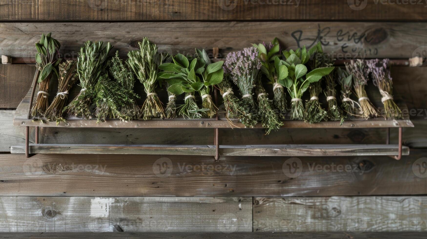 A vintagestyle herb drying rack adorned with bundles of dried sage marjoram and chives photo