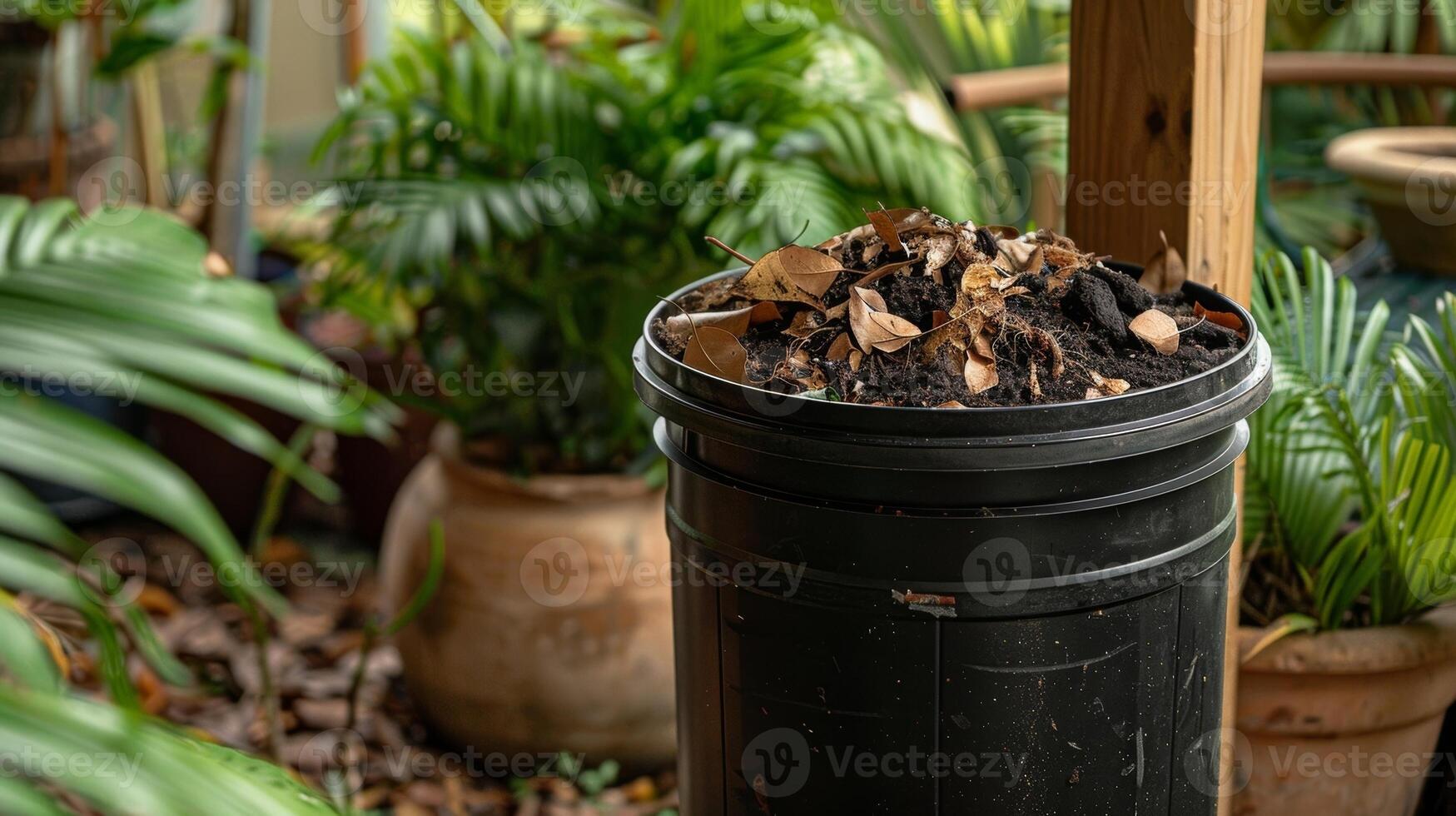 A compost bin p next to a potted plant reminding us of the circular nature of composting as it provides nourishment for future plants photo