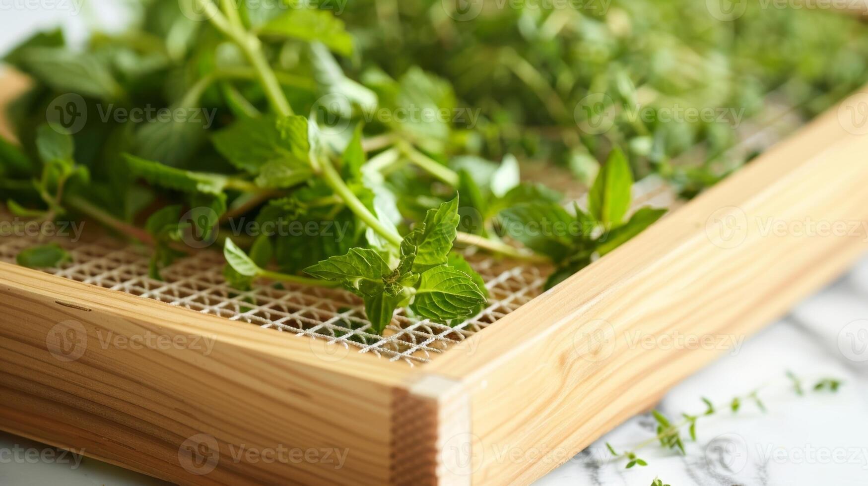 A wooden herb drying rack with a mesh bottom perfect for drying delicate herbs like chamomile and lemon balm photo