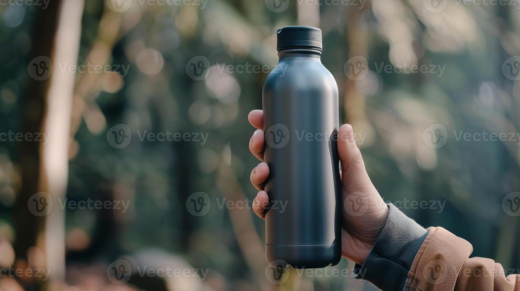 A hand holding a sleek metal reusable water bottle with a secure lid photo