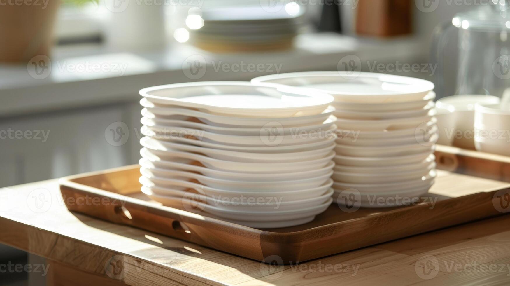 A stack of sleek white compostable plates elegantly displayed on a wooden tray photo