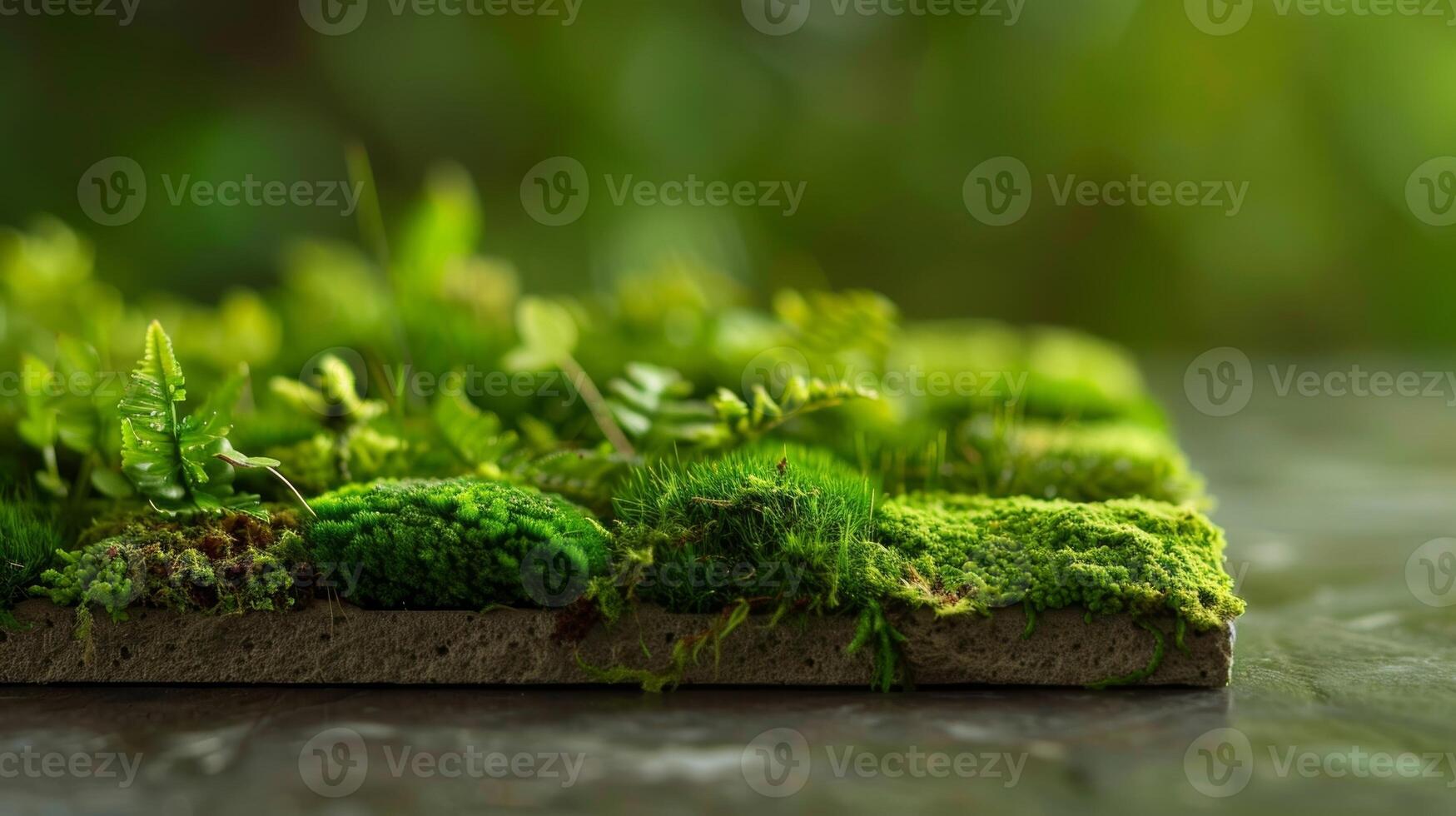 A square of vibrant green moss serves as a natural canvas for a small intricate piece of moss wall art showcasing the beauty in simplicity photo