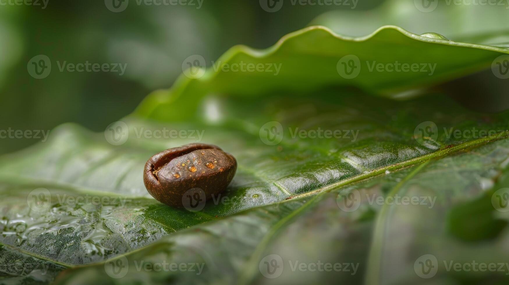A closeup shot of a single perfectly formed organic coffee bean resting on a leaf photo