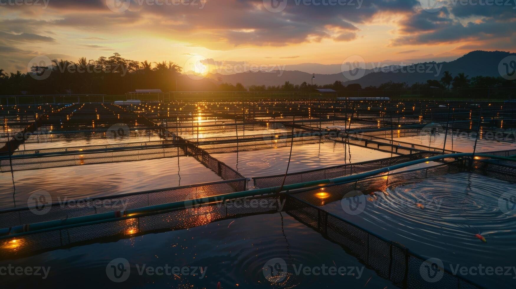 A peaceful scene of the fish farm at sunset with solarpowered lights illuminating the ponds and a few fish jumping out of the water photo