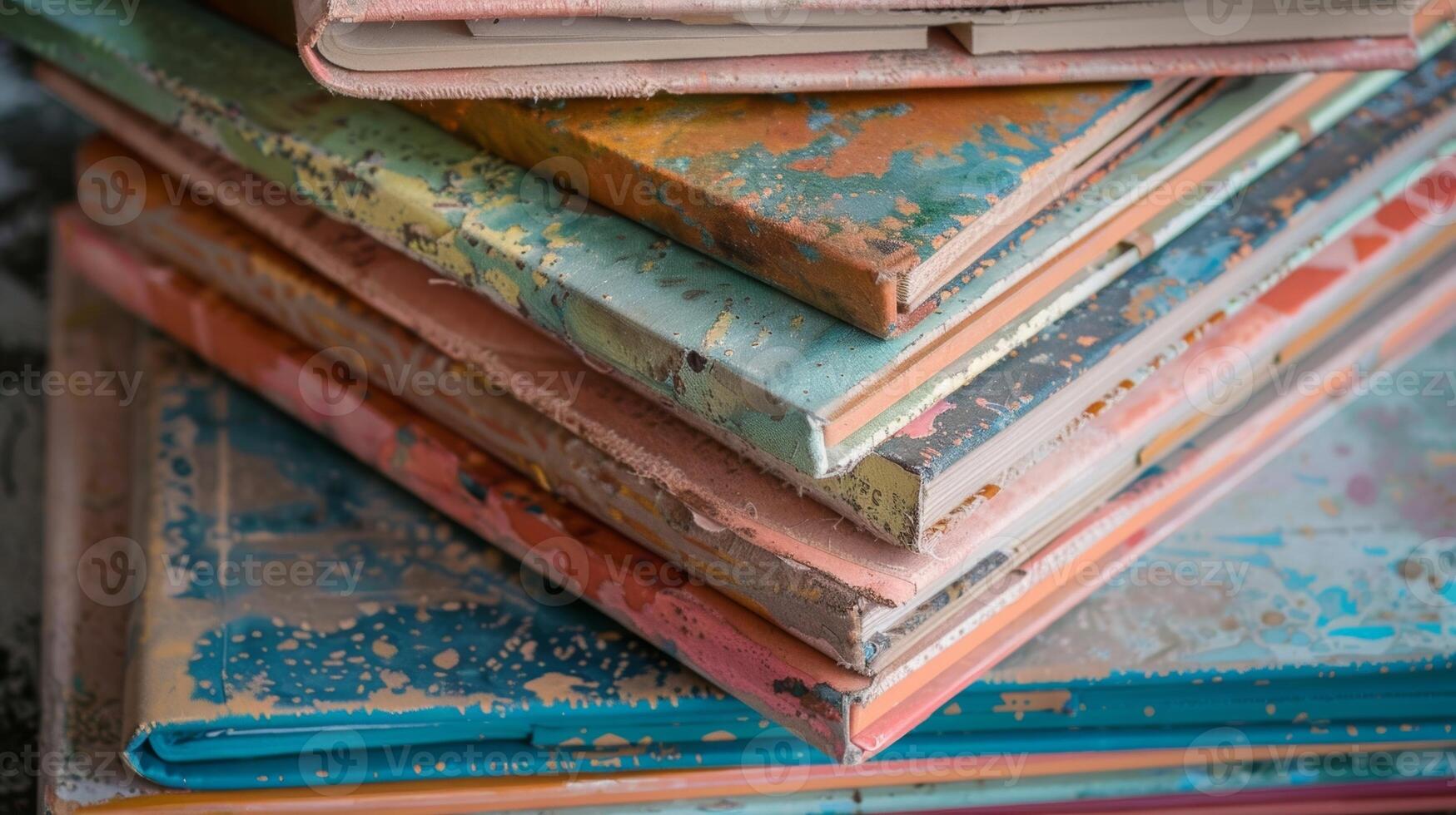 A top view of a stack of recycled paper notebooks each with a unique design and color scheme on their covers photo