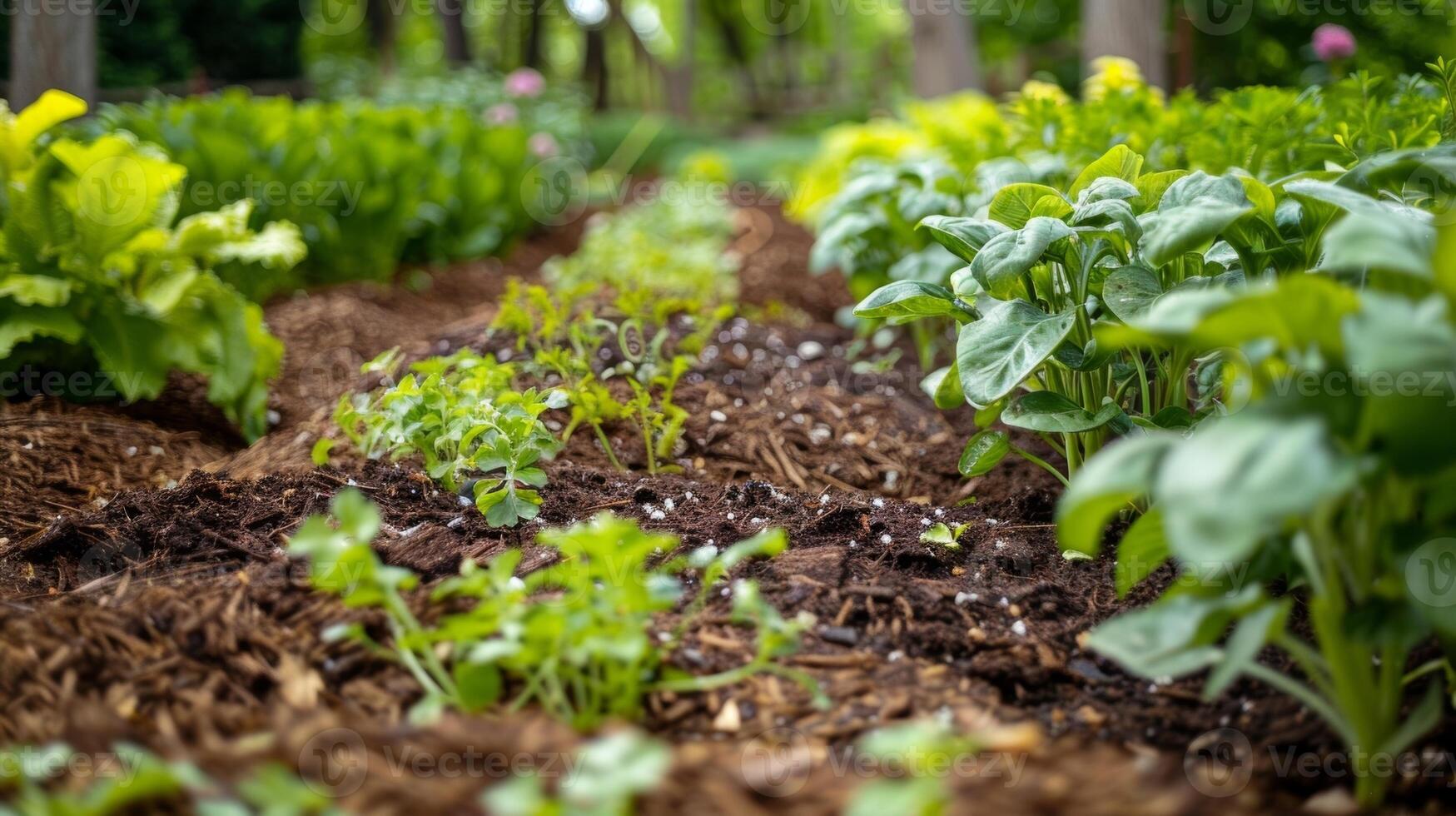 A small garden with rows of plants surrounded by leaf mulch from a nearby compost pile photo