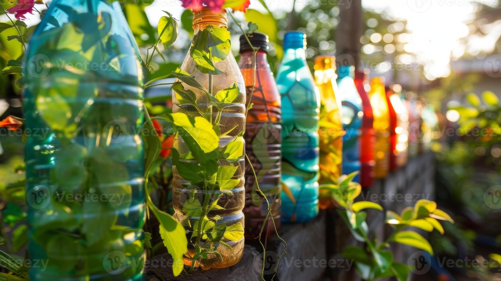 A row of recycled plastic bottles each adorned with a different green plant design create a vibrant display photo