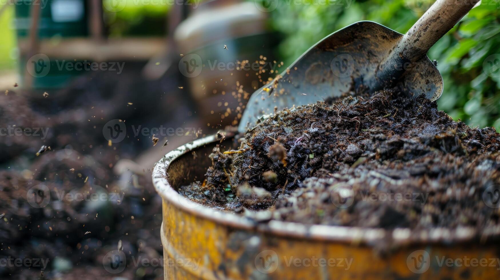 A closeup of a shovel mixing a pile of compost with water in a large barrel ready to be brewed into tea photo
