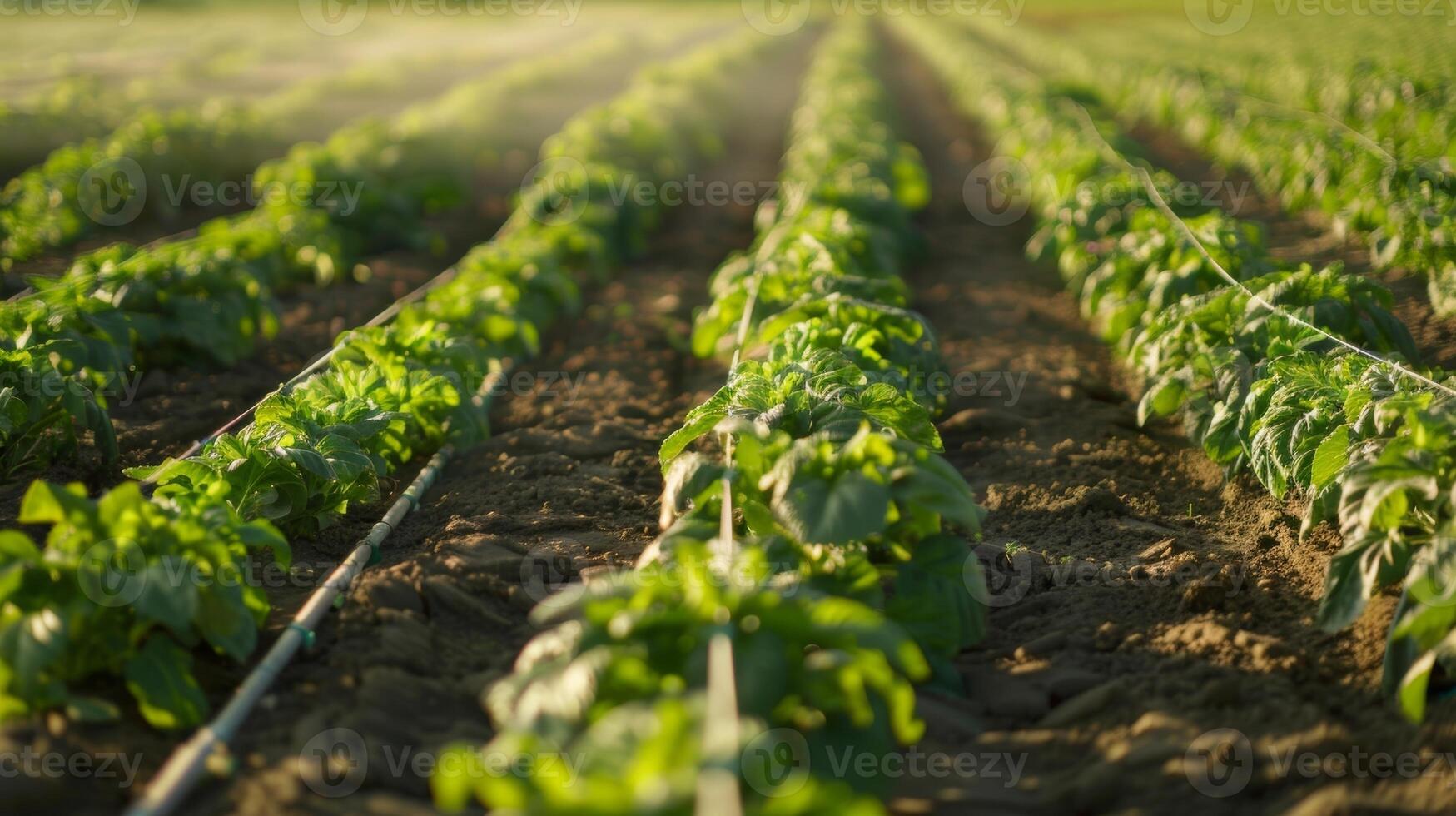 A large field with several rows of crops each one connected to a drip irrigation system for optimal water distribution photo
