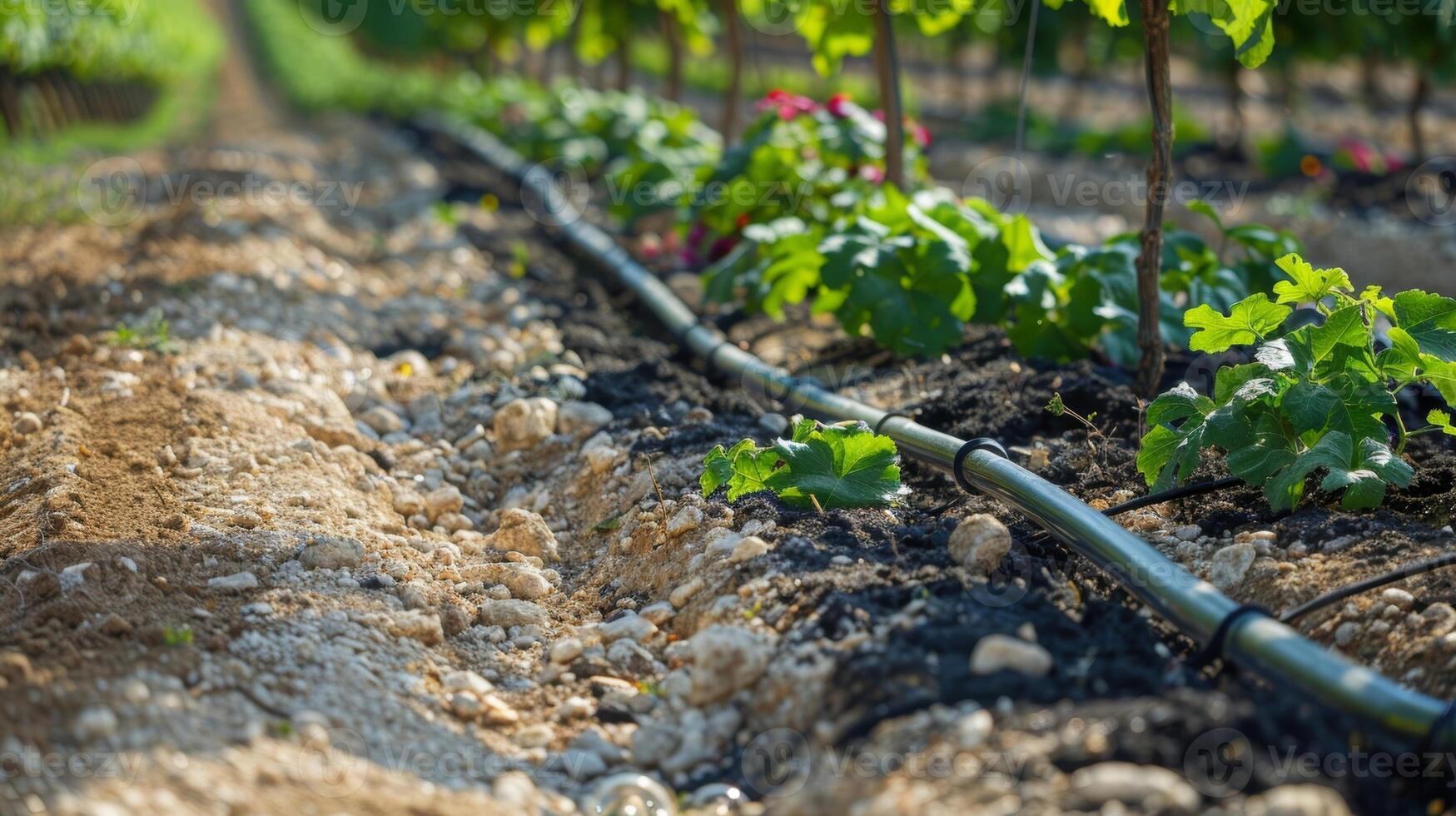 A drip irrigation system installed on the side of a hill allowing for efficient watering of crops on sloped land photo