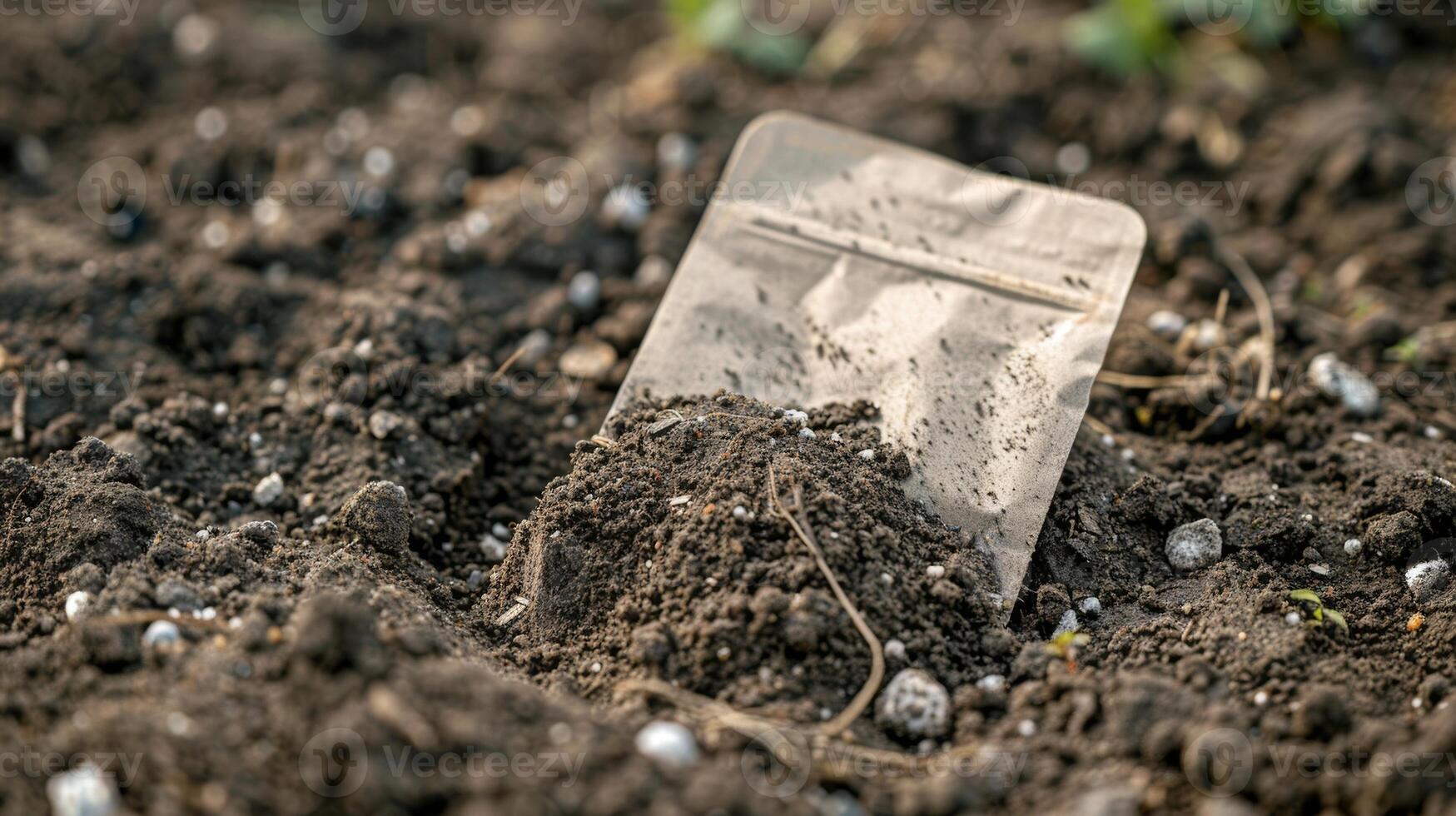 A single wildflower seed packet resting on a bed of soil ready to be planted photo