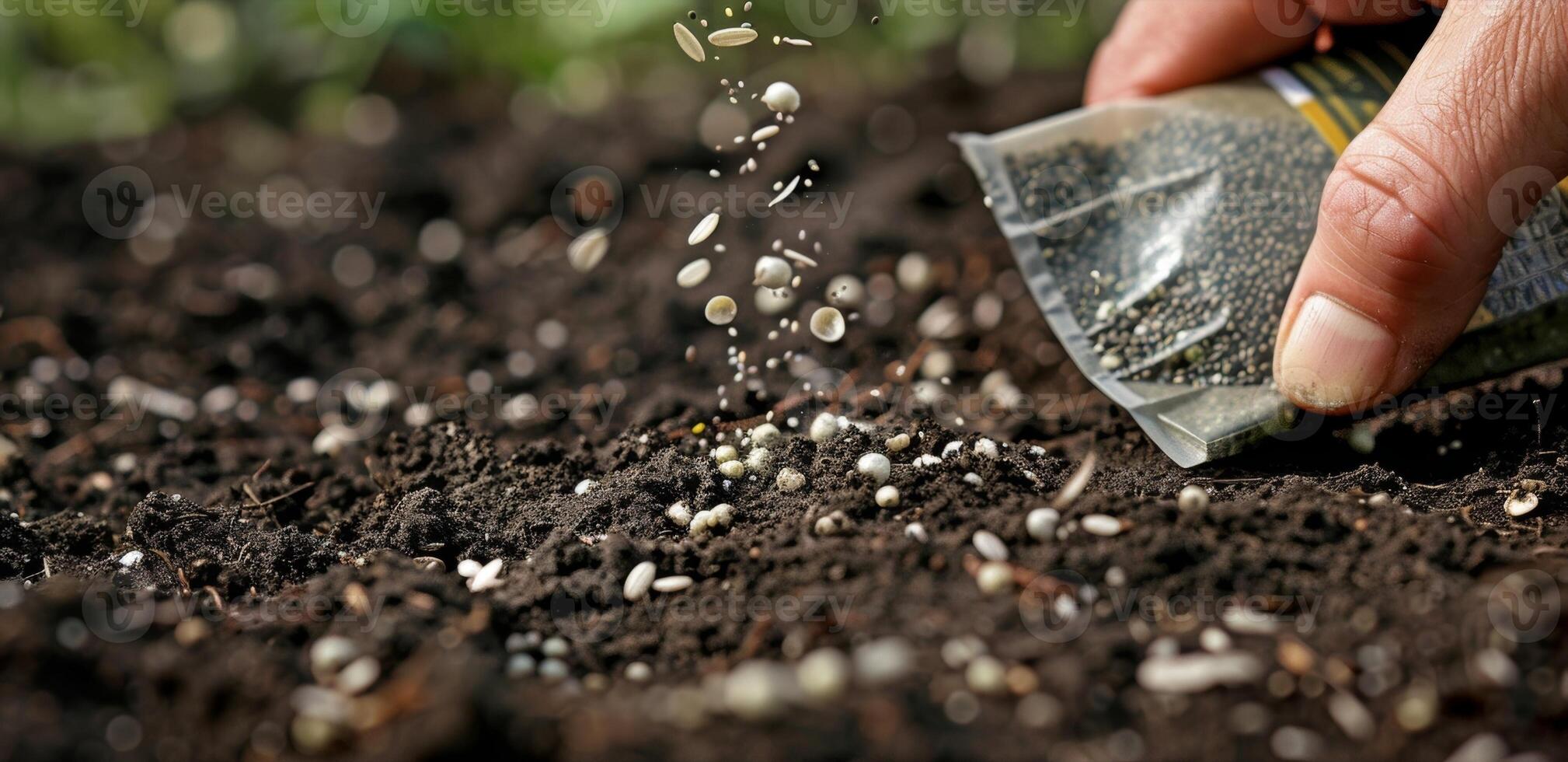A hand sprinkling wildflower seeds from a packet onto a patch of soil photo