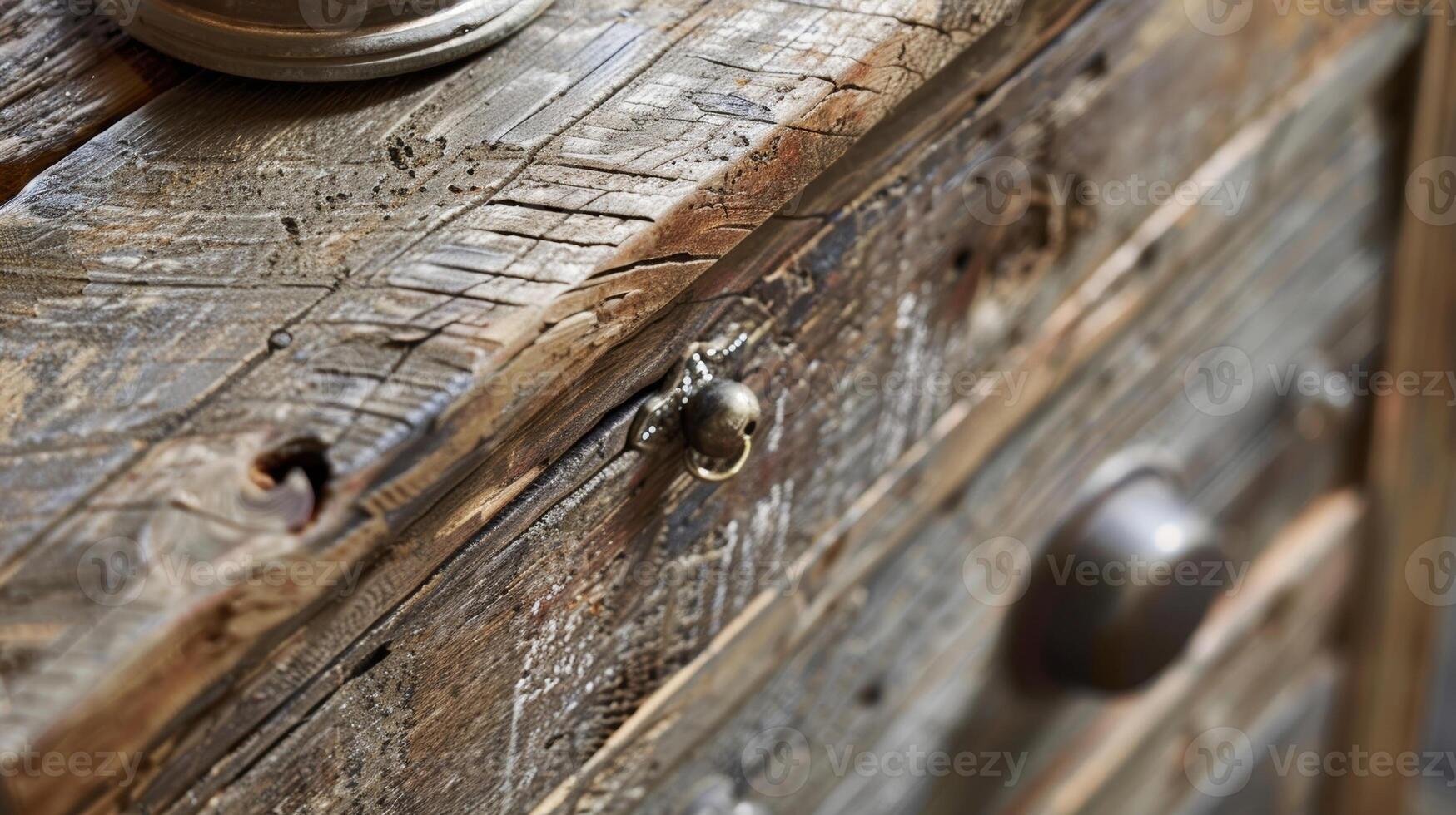 A charming bedside table created from old fence posts featuring a distressed finish and antique drawer pulls photo