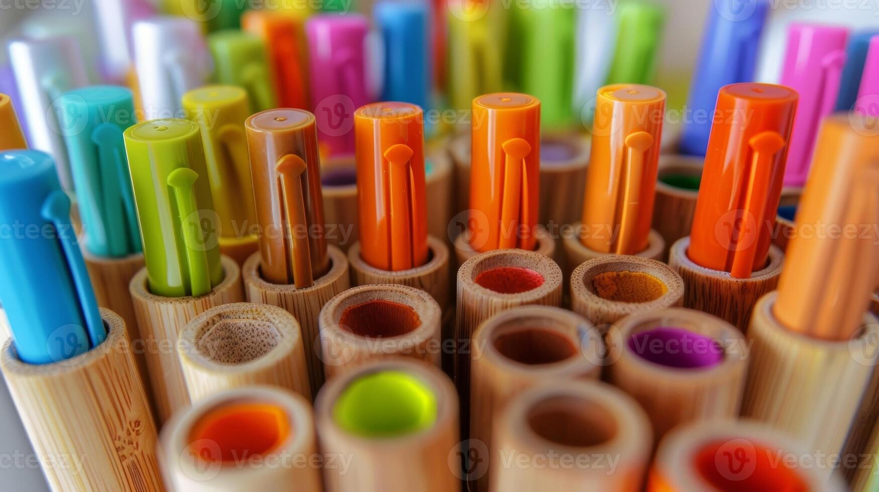 A collection of ecofriendly highlighters made from postconsumer recycled plastic arranged neatly in a bamboo pen holder photo