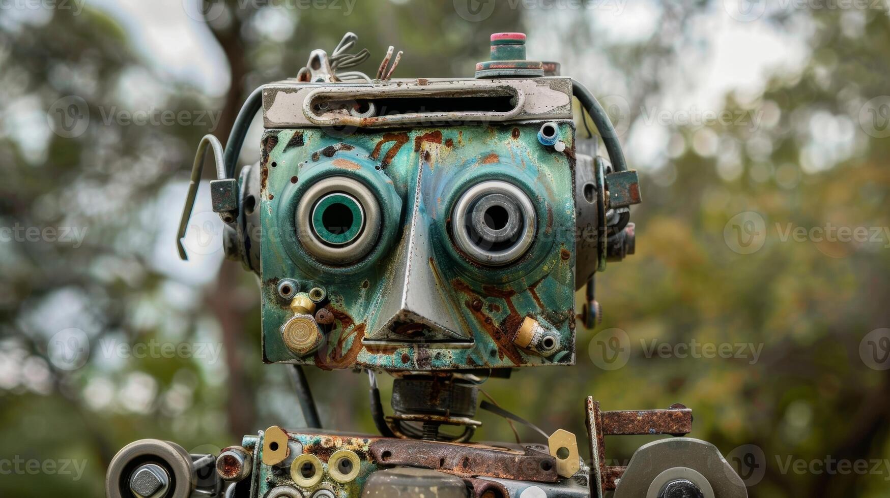 A whimsical sculpture of a robot pieced together from old electronics nuts and bolts and other found metal objects photo