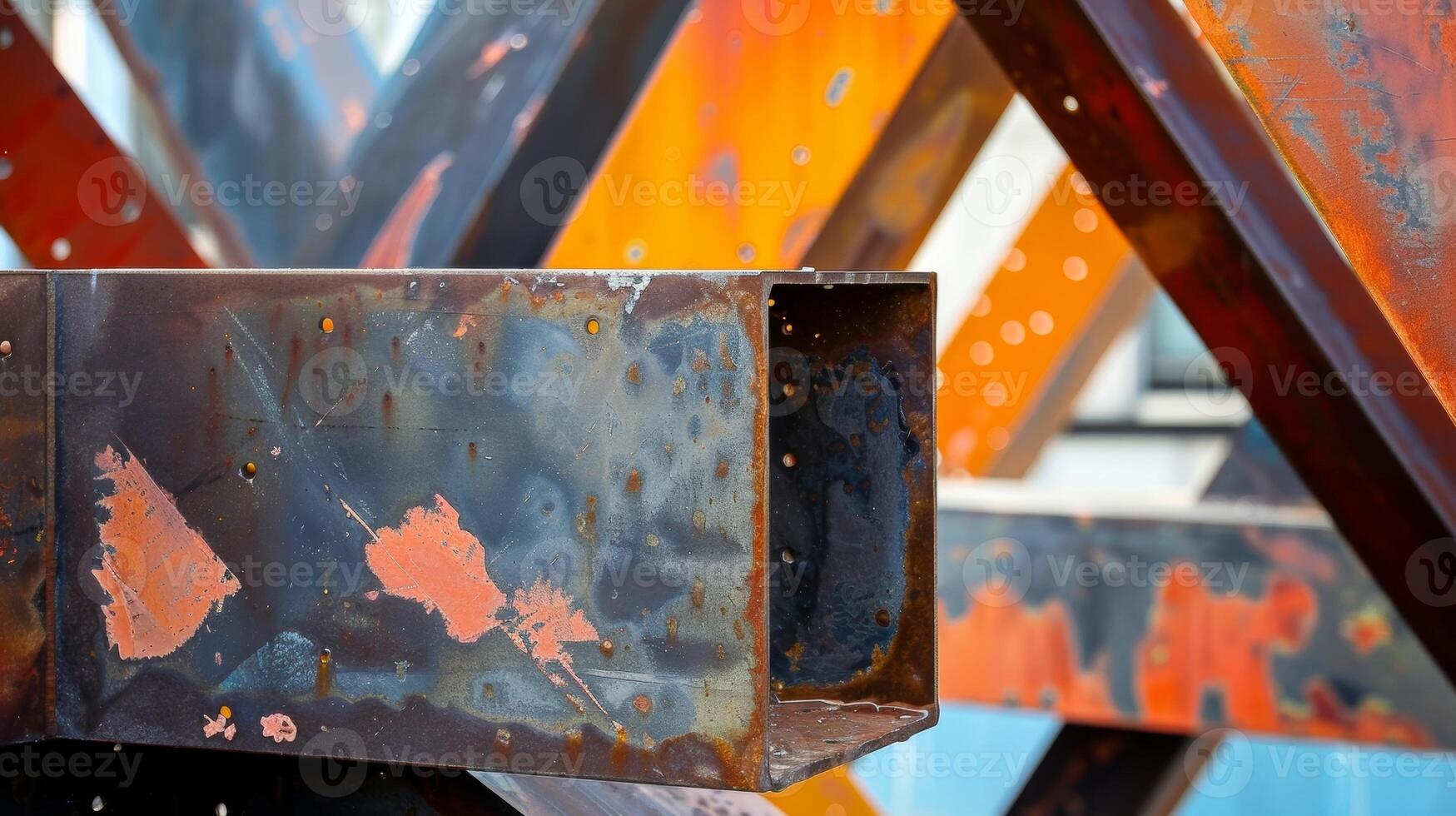 A geometric sculpture made from recycled steel beams creating a bold and industrial visual display photo